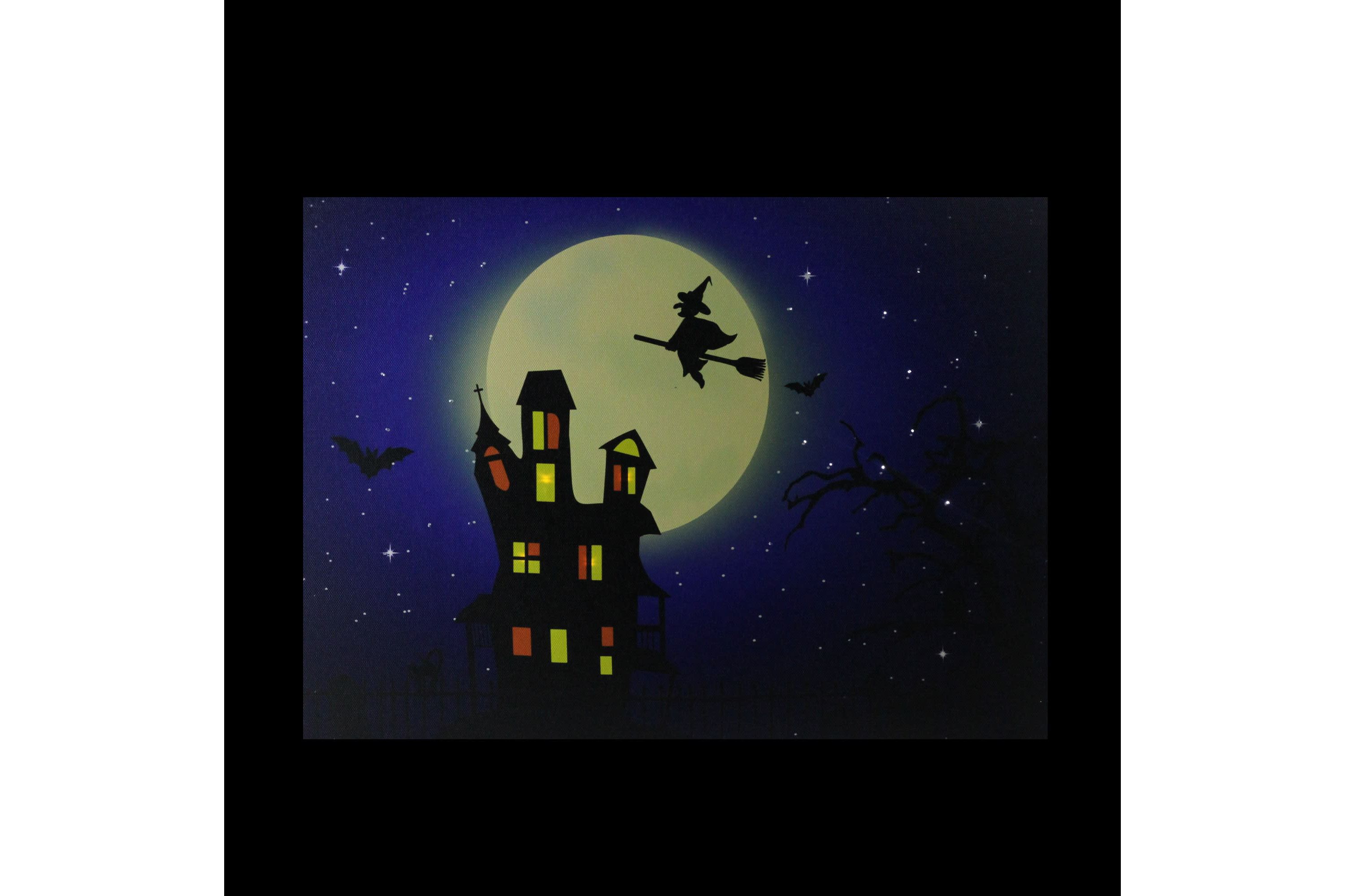 Fiber Optic and LED Lighted Witch in the Moon Halloween Canvas Wall Art 12inch x 15.75inch