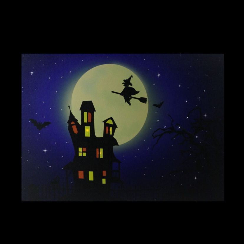 Fiber Optic and LED Lighted Witch in the Moon Halloween Canvas Wall Art 12inch x 15.75inch