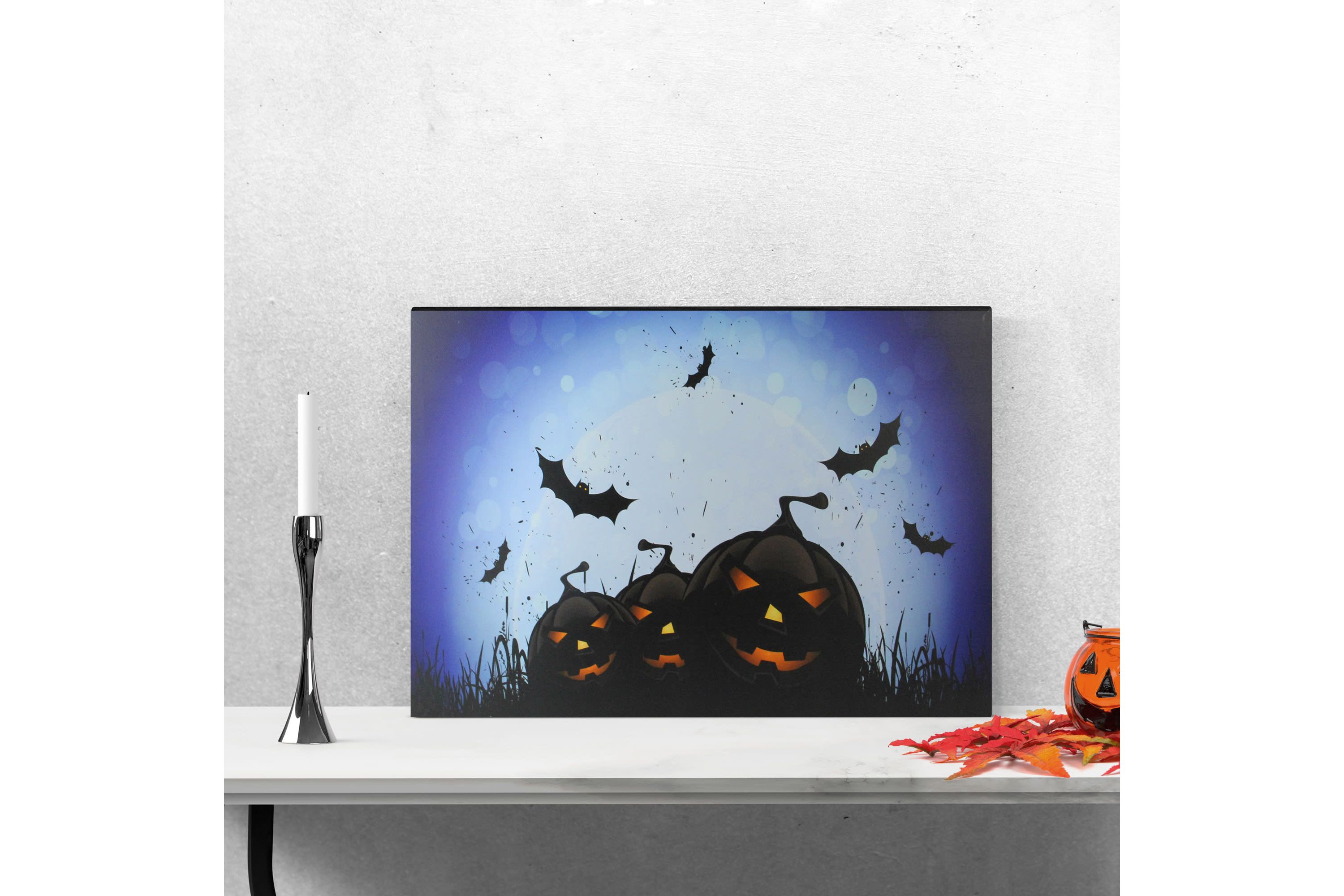 LED Lighted Jack-O-Lanterns and Bats Halloween Canvas Wall Art 23.5inch x 15.5inch
