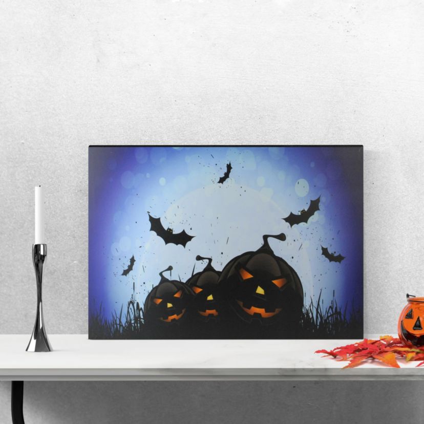 LED Lighted Jack-O-Lanterns and Bats Halloween Canvas Wall Art 23.5inch x 15.5inch