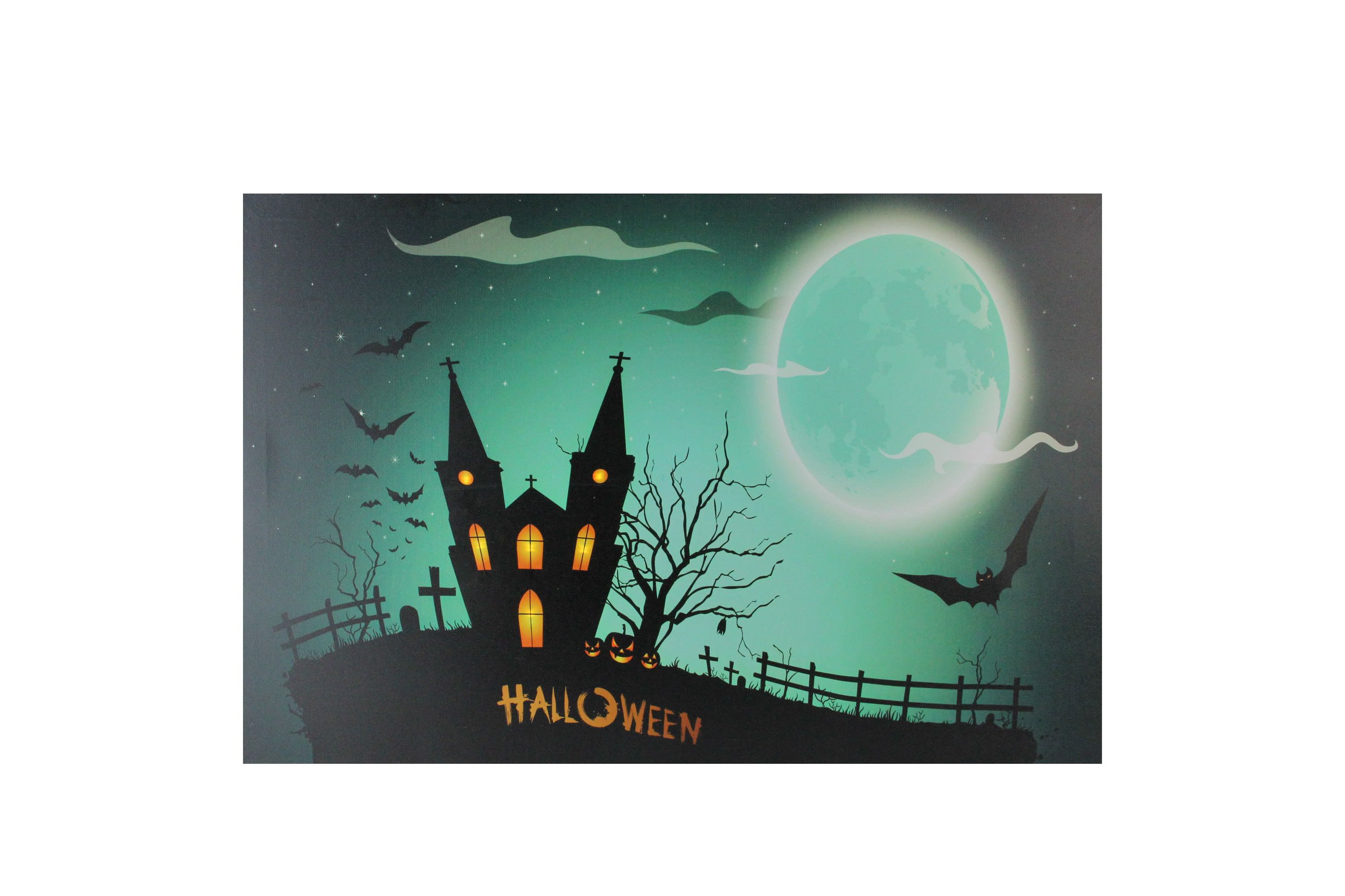 Green and Black LED Lighted Eerie Church in Cemetery Halloween Canvas Wall Art 23.5inch x 15.5inch