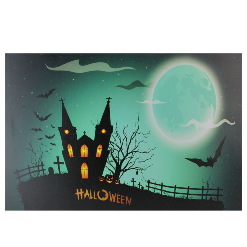 Green and Black LED Lighted Eerie Church in Cemetery Halloween Canvas Wall Art 23.5inch x 15.5inch