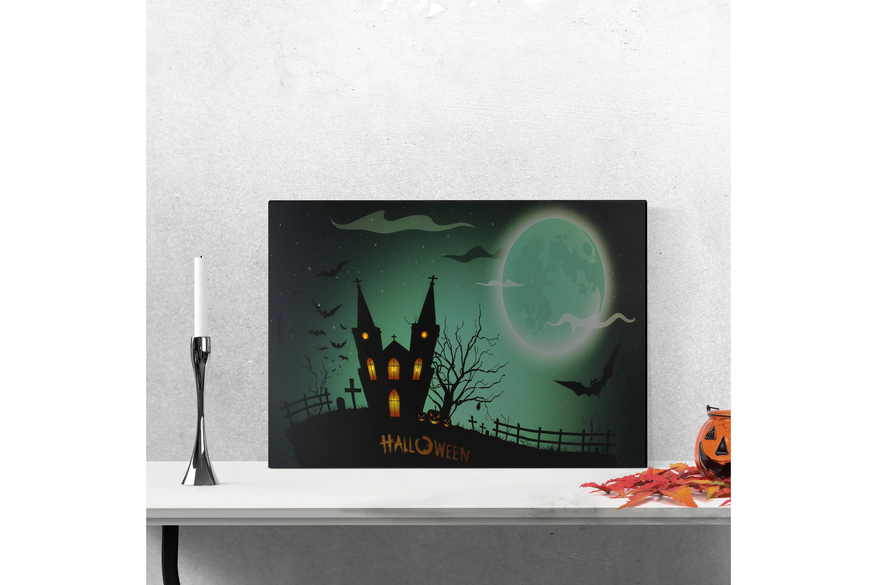 Green and Black LED Lighted Eerie Church in Cemetery Halloween Canvas Wall Art 23.5inch x 15.5inch