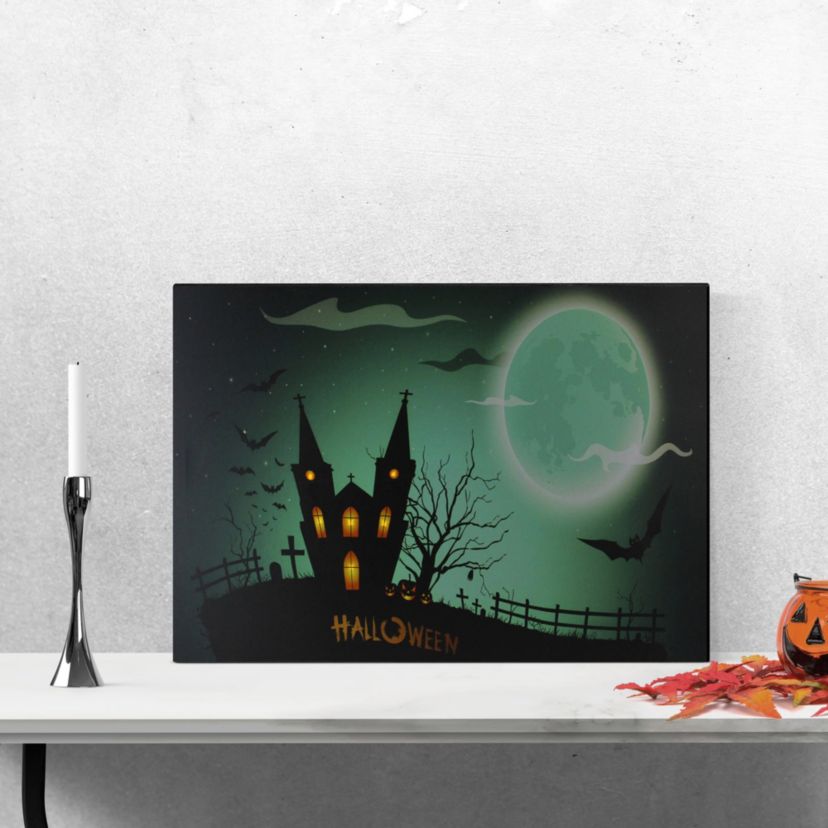Green and Black LED Lighted Eerie Church in Cemetery Halloween Canvas Wall Art 23.5inch x 15.5inch