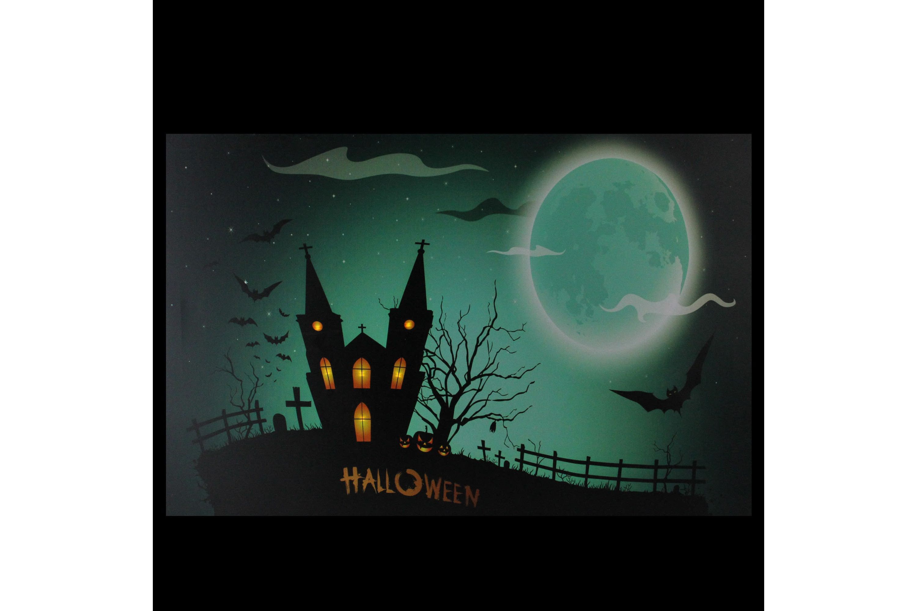 Green and Black LED Lighted Eerie Church in Cemetery Halloween Canvas Wall Art 23.5inch x 15.5inch