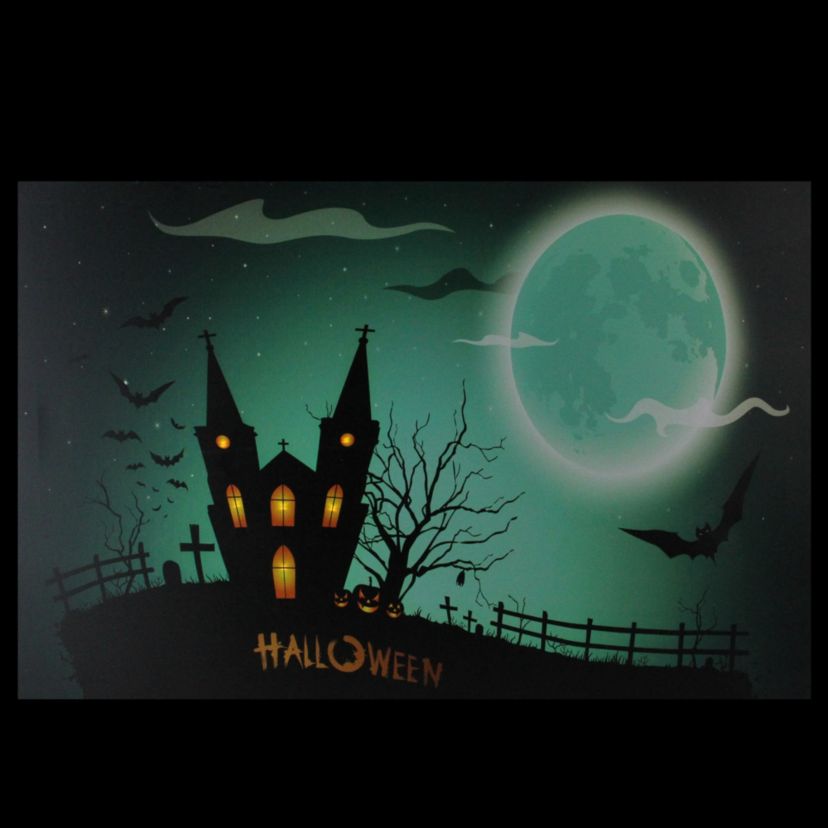 Green and Black LED Lighted Eerie Church in Cemetery Halloween Canvas Wall Art 23.5inch x 15.5inch
