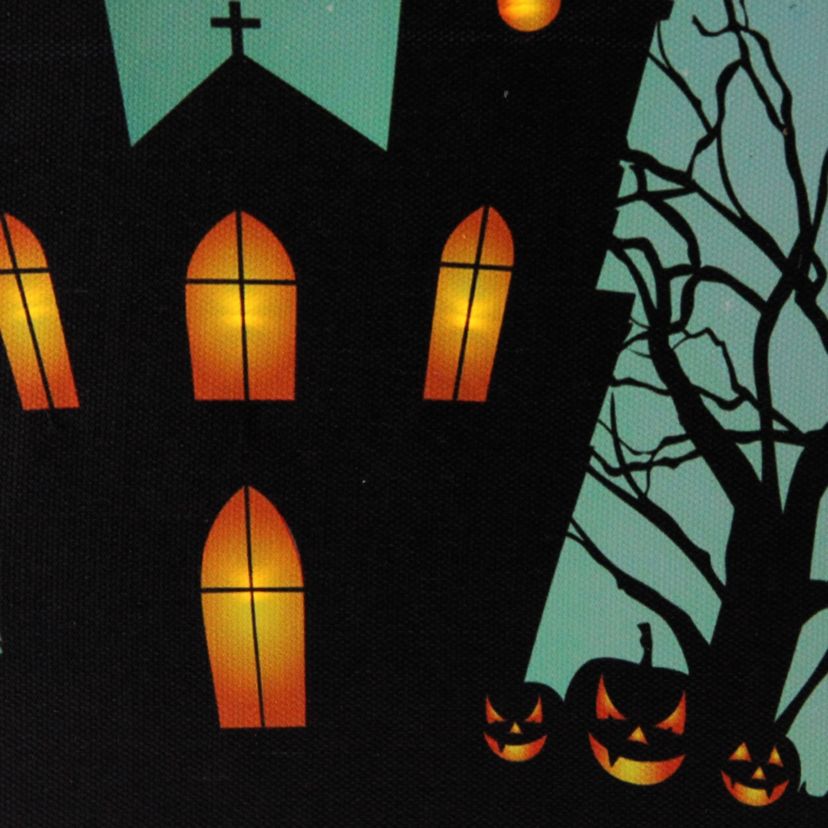 Green and Black LED Lighted Eerie Church in Cemetery Halloween Canvas Wall Art 23.5inch x 15.5inch