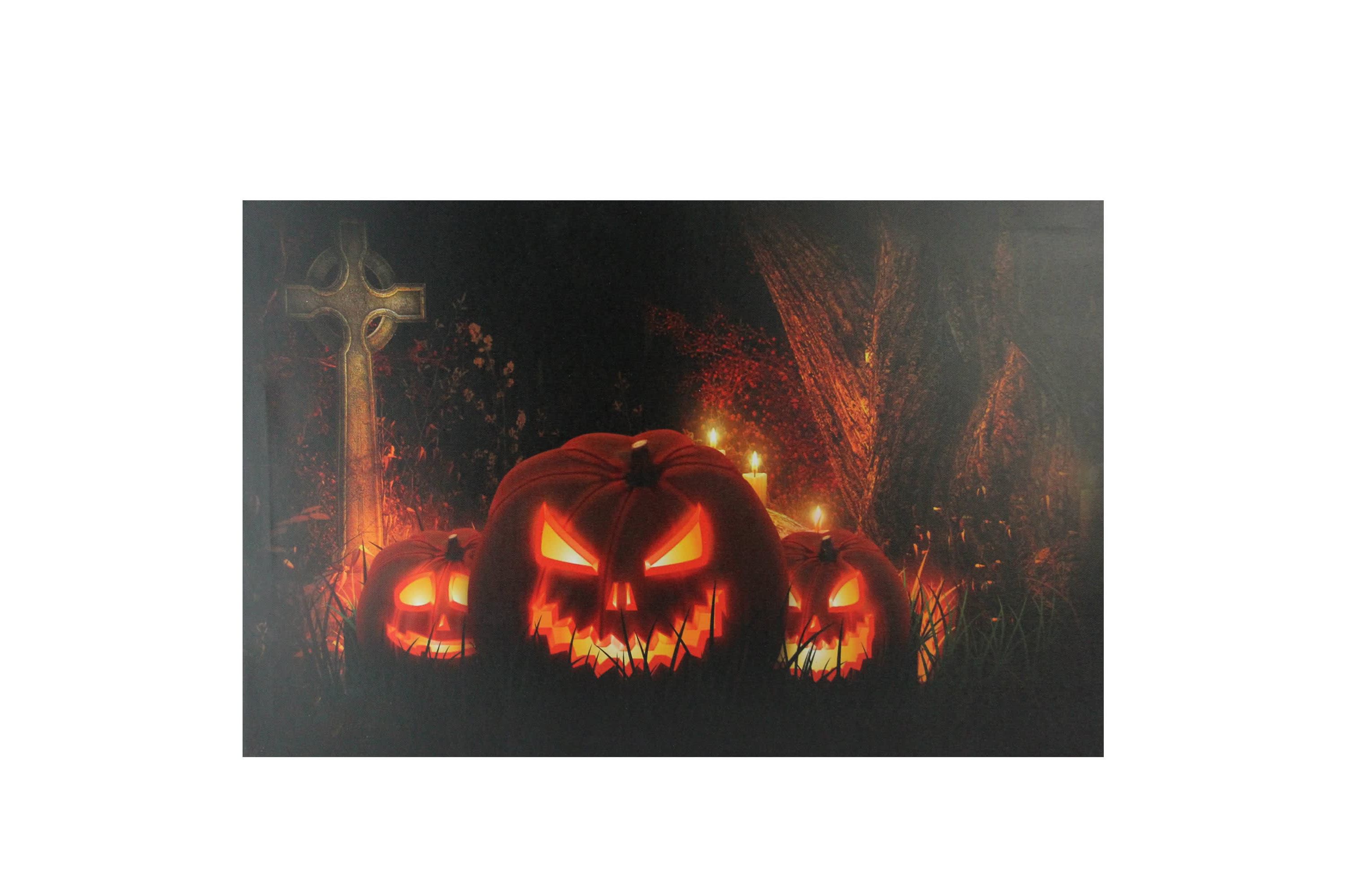 LED Lighted Jack-O-Lanterns in a Cemetery Halloween Canvas Wall Art 23.5" x 15.5"