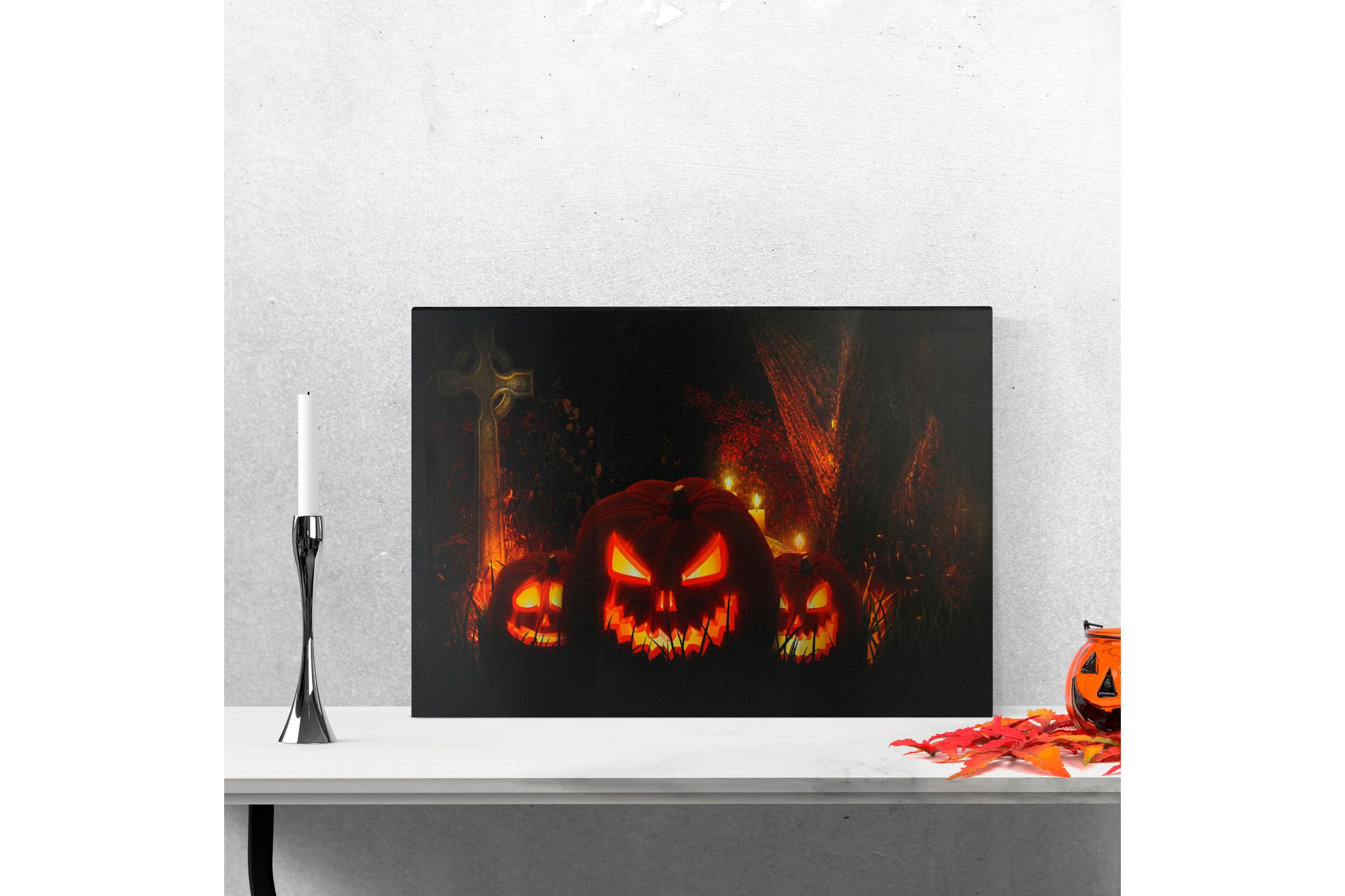 LED Lighted Jack-O-Lanterns in a Cemetery Halloween Canvas Wall Art 23.5" x 15.5"