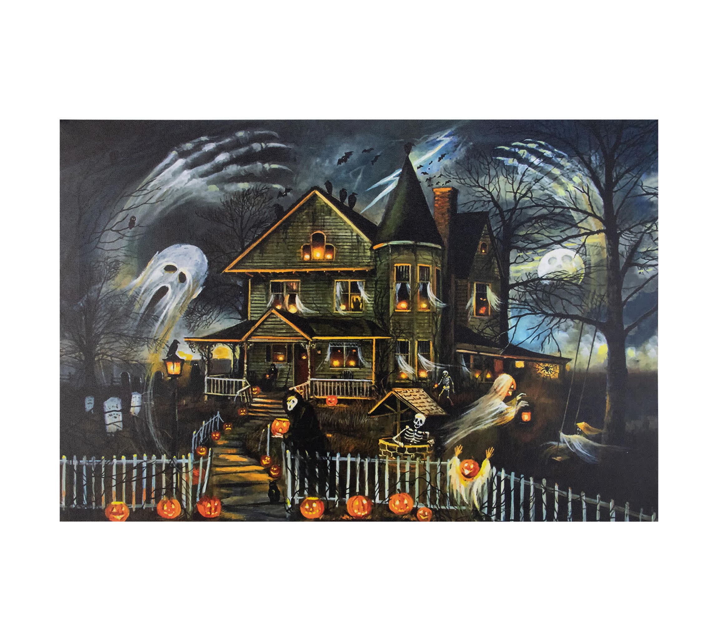 LED Lighted Haunted House Halloween Canvas Wall Art - 23.5" x 16" - Amber Lights