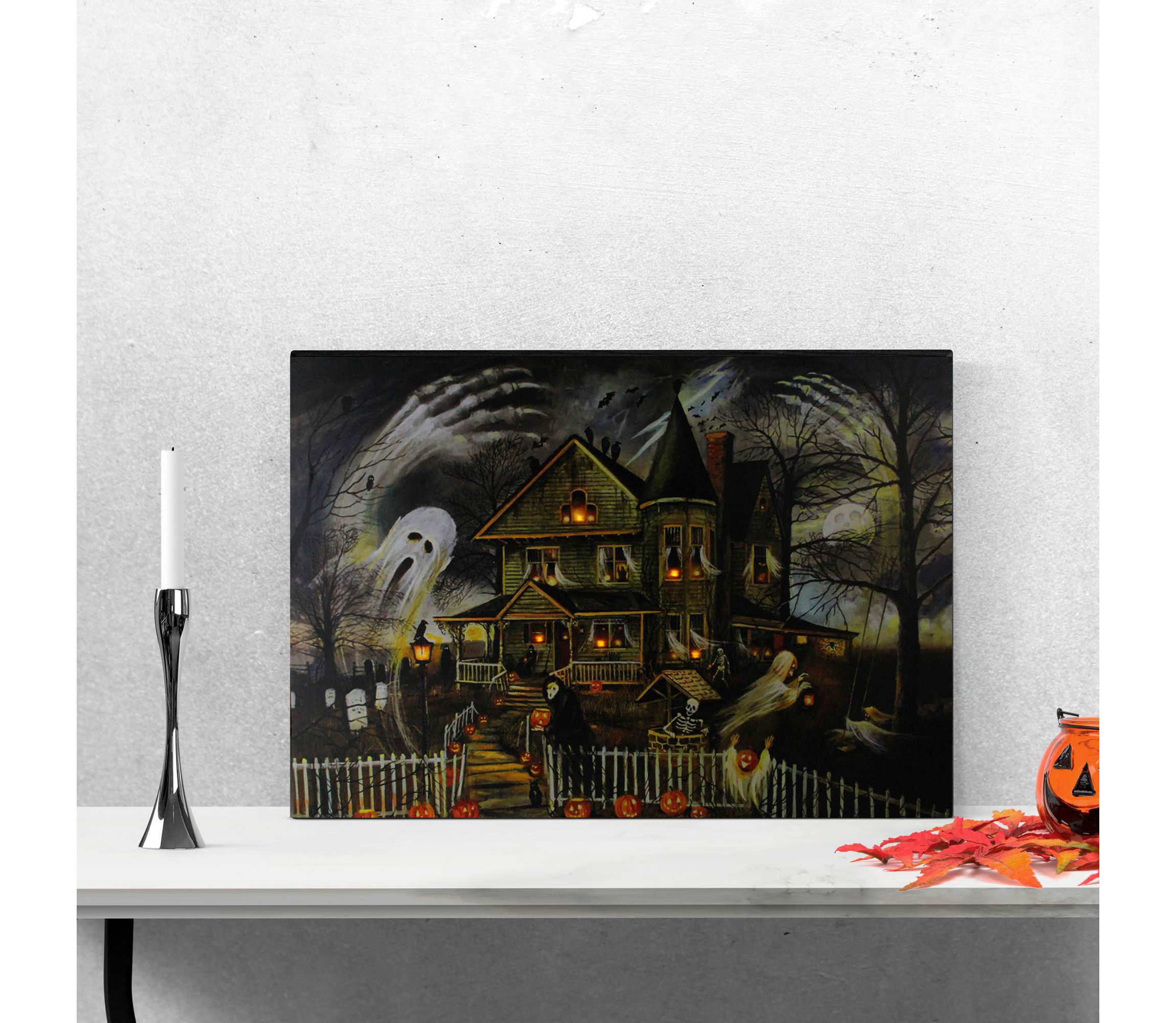 LED Lighted Haunted House Halloween Canvas Wall Art - 23.5" x 16" - Amber Lights