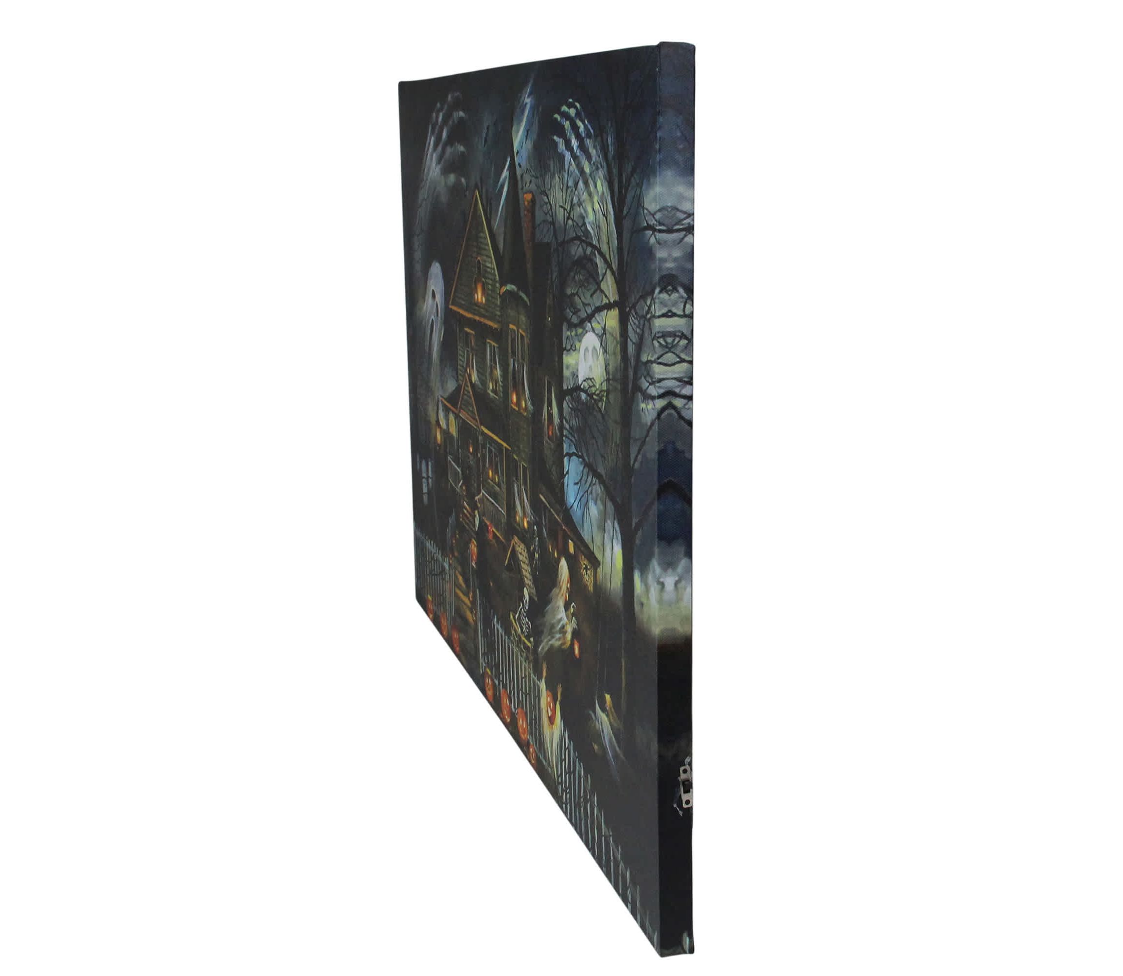 LED Lighted Haunted House Halloween Canvas Wall Art - 23.5" x 16" - Amber Lights