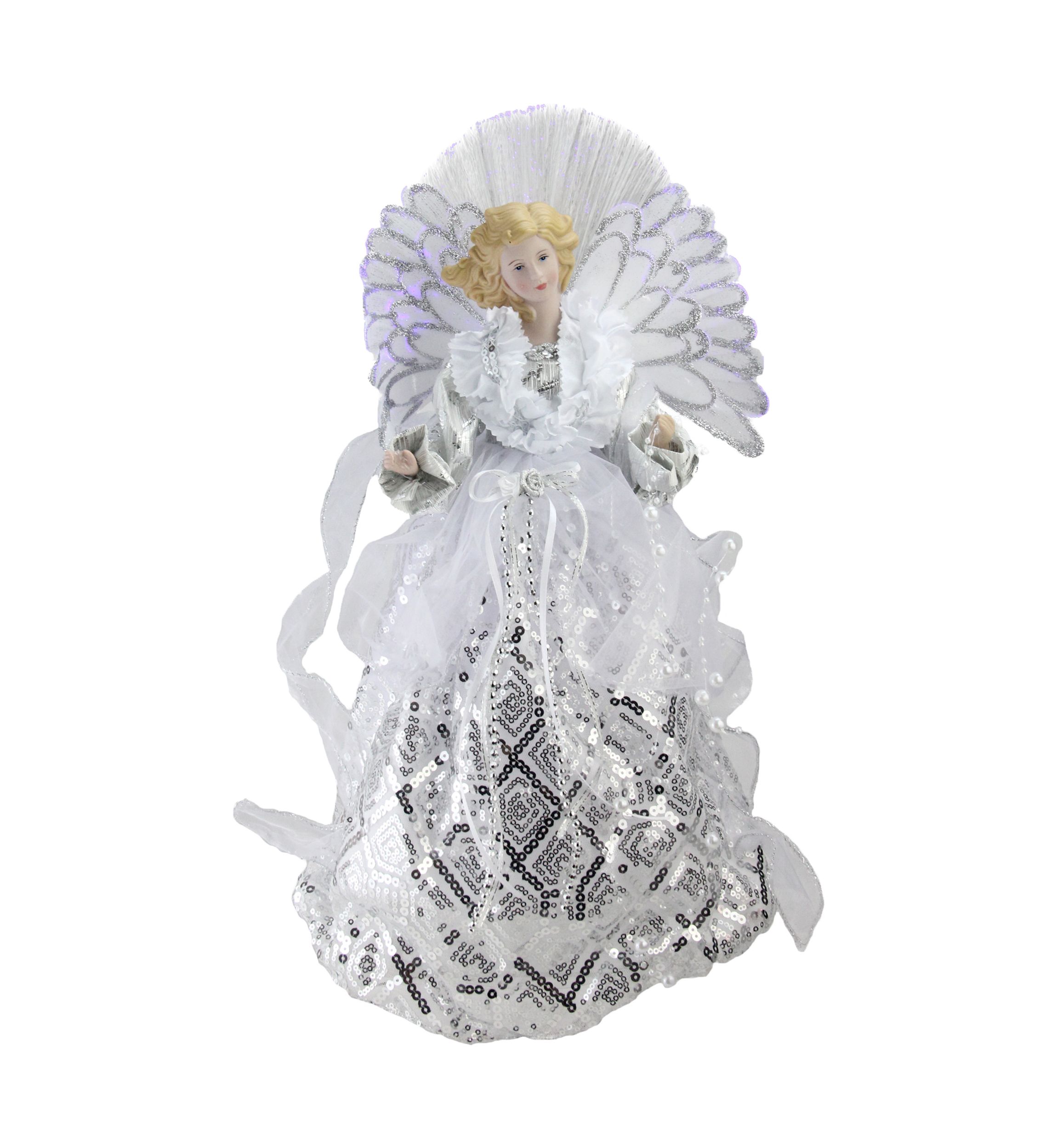 16Inch White and Silver Lighted Angel Sequined Gown Christmas Tree Topper