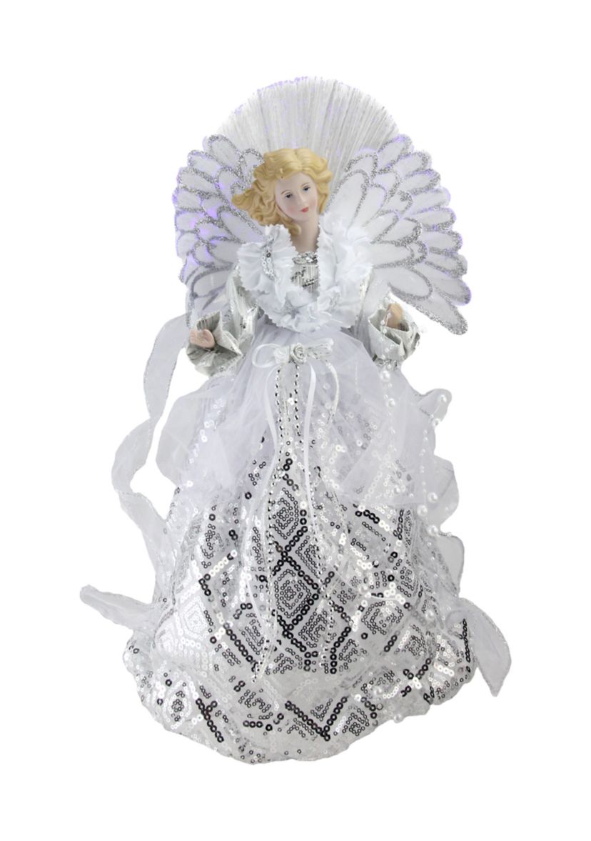 16Inch White and Silver Lighted Angel Sequined Gown Christmas Tree Topper
