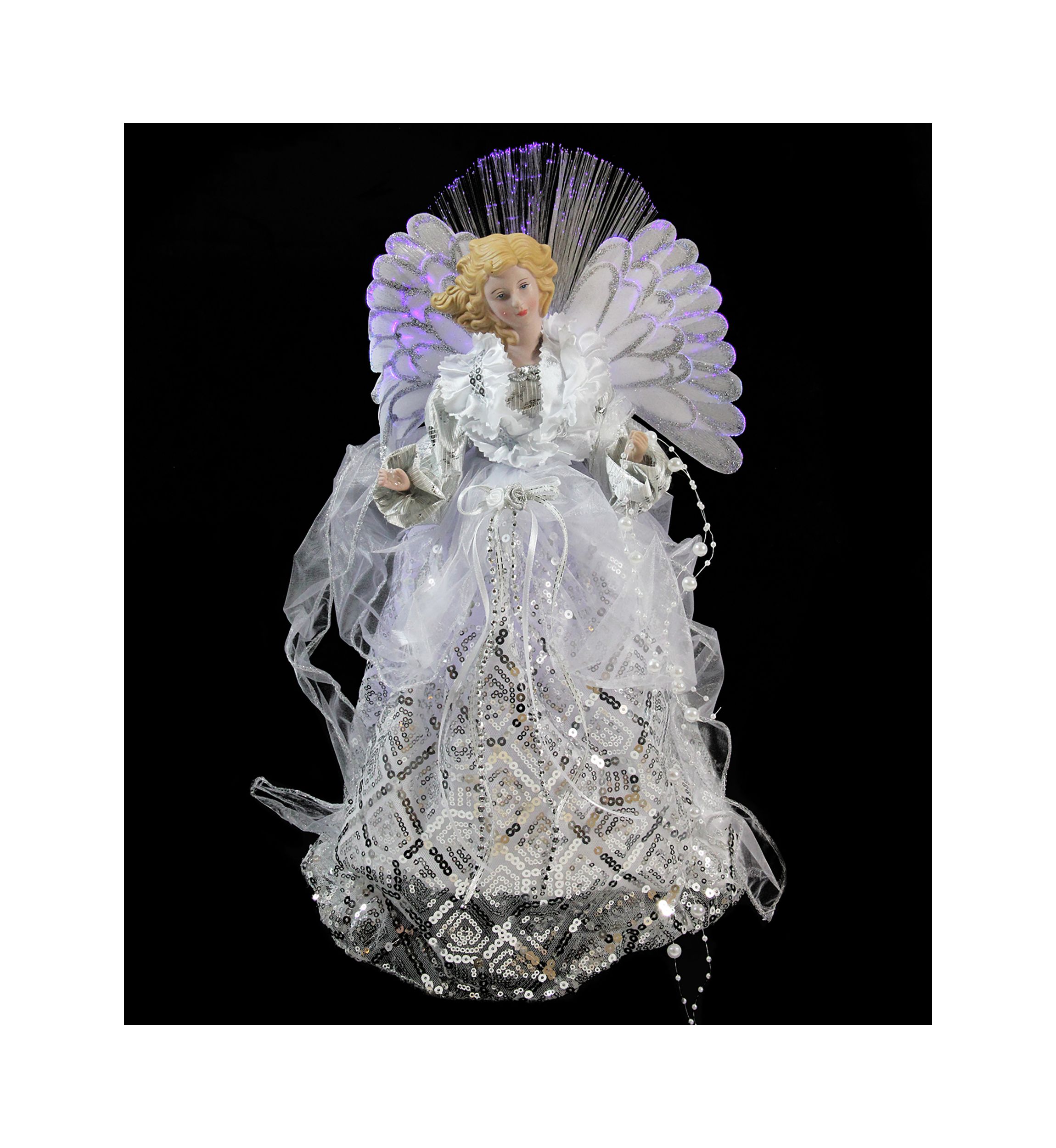 16Inch White and Silver Lighted Angel Sequined Gown Christmas Tree Topper