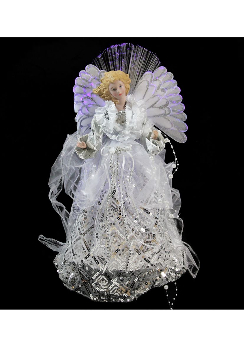 16Inch White and Silver Lighted Angel Sequined Gown Christmas Tree Topper