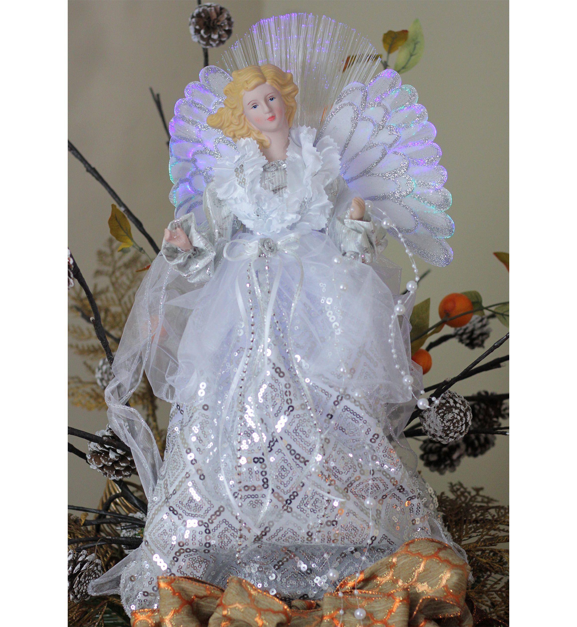 16Inch White and Silver Lighted Angel Sequined Gown Christmas Tree Topper