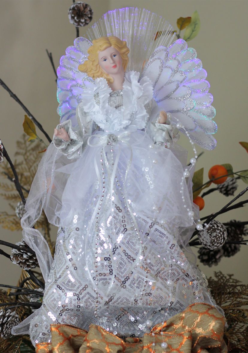 16Inch White and Silver Lighted Angel Sequined Gown Christmas Tree Topper