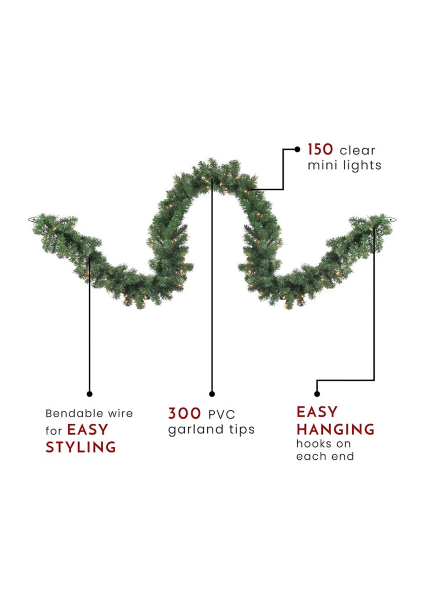 9 x 18Inch Pre-Lit Deluxe Windsor Green Pine Christmas Garland - Clear Lights