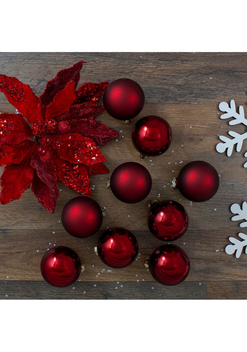 9ct Cherry Red Glass 2-Finish Christmas Ball Ornaments 2.5Inch (65mm)