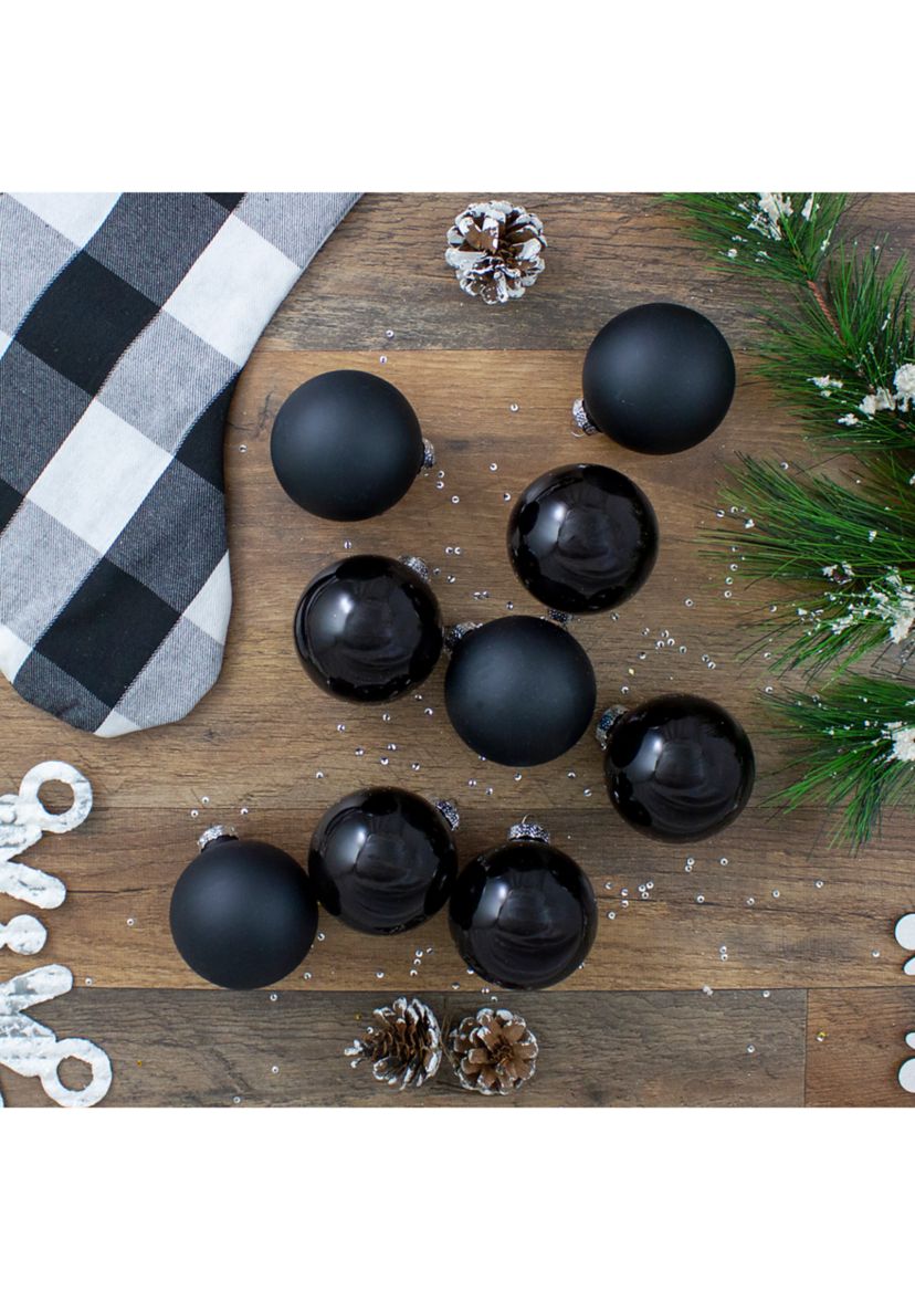 9ct Shiny and Matte Black Glass Ball Christmas Ornaments - 2.5 Inch (65mm)
