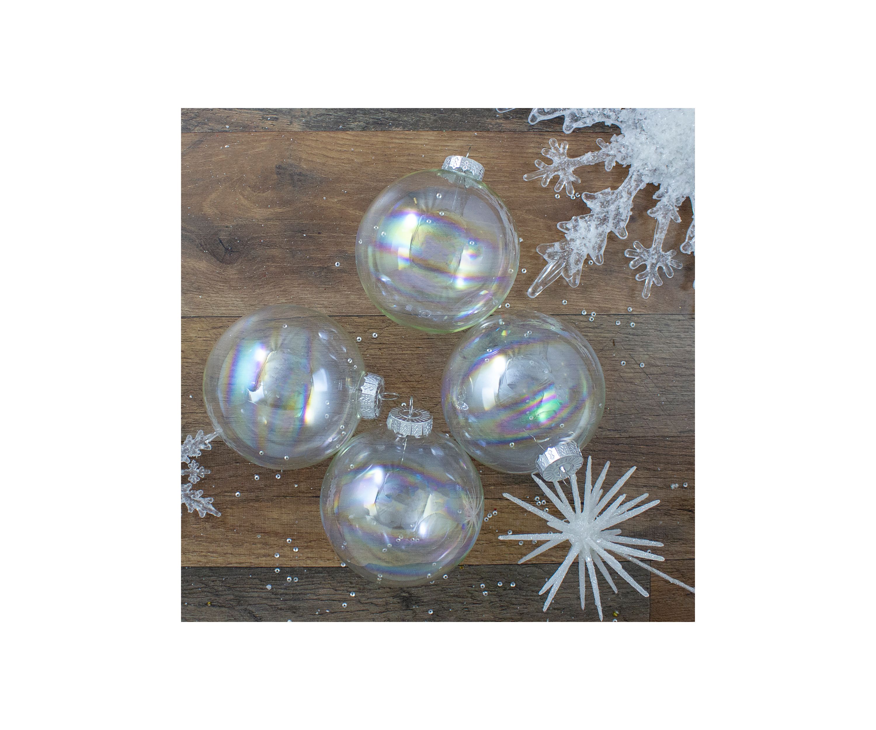 4ct Clear Iridescent Glass Christmas Ball Ornaments - 4 Inch (100mm)