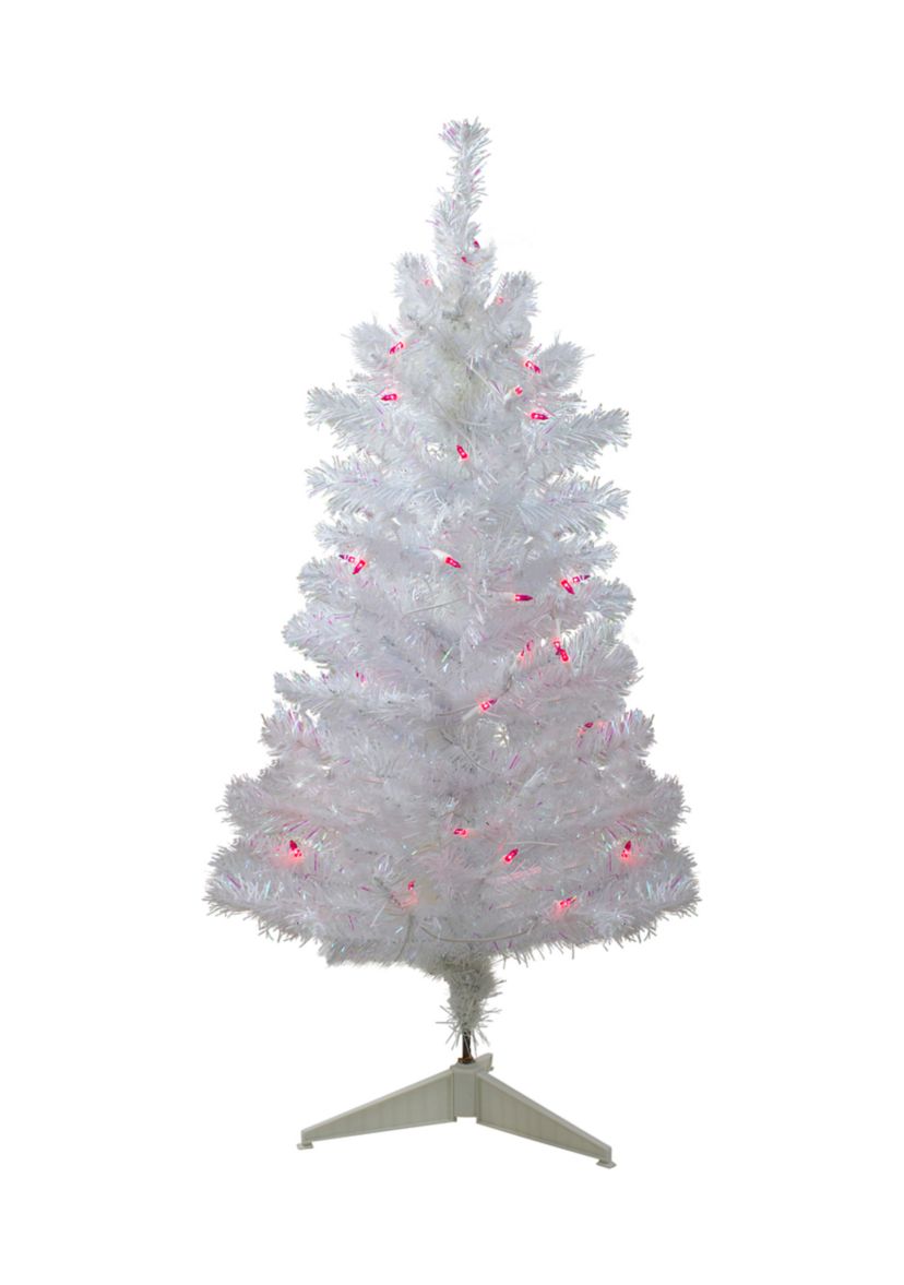 3 Pre-Lit White Iridescent Pine Slim Artificial Christmas Tree - Pink Lights