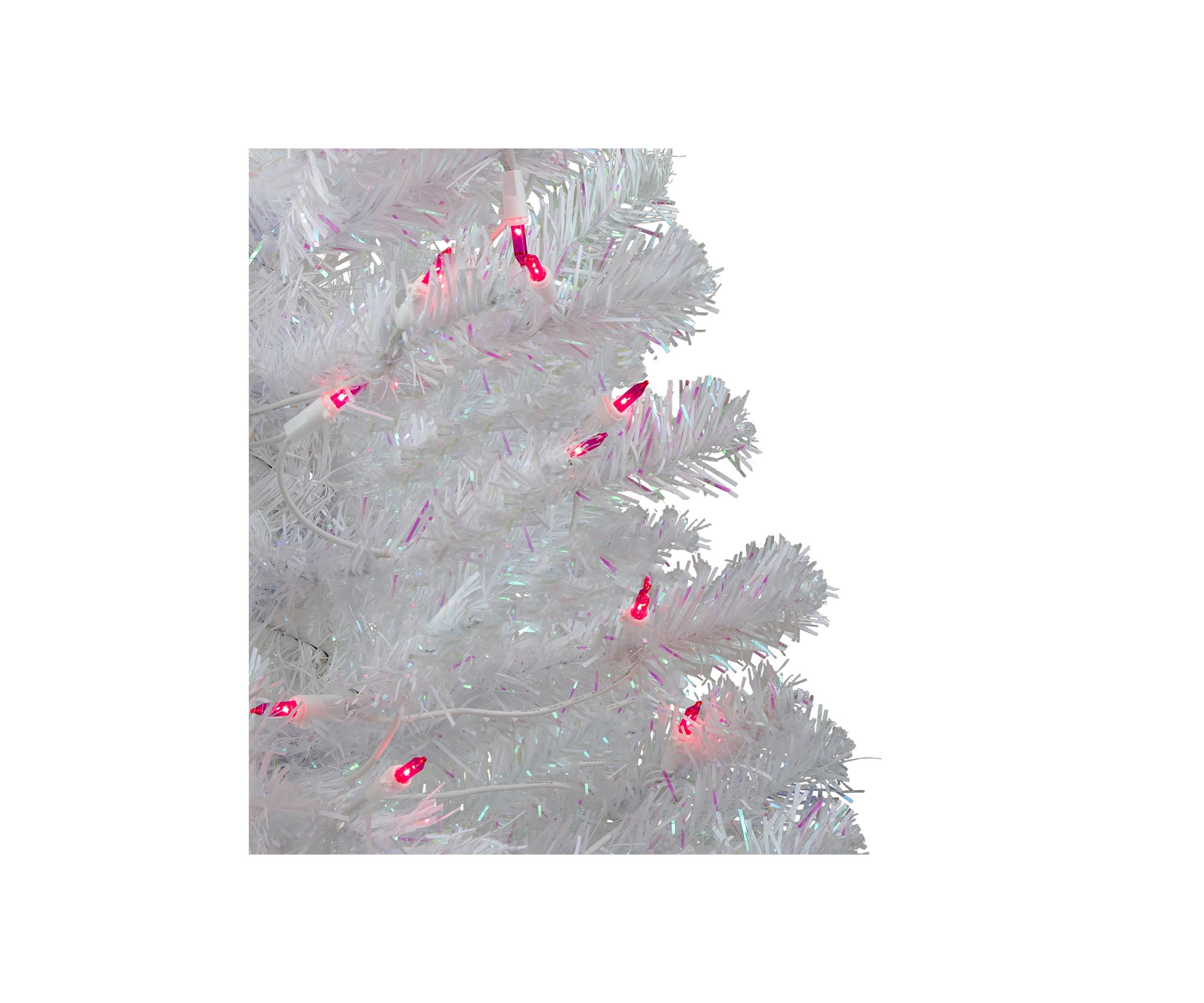3 Pre-Lit White Iridescent Pine Slim Artificial Christmas Tree - Pink Lights