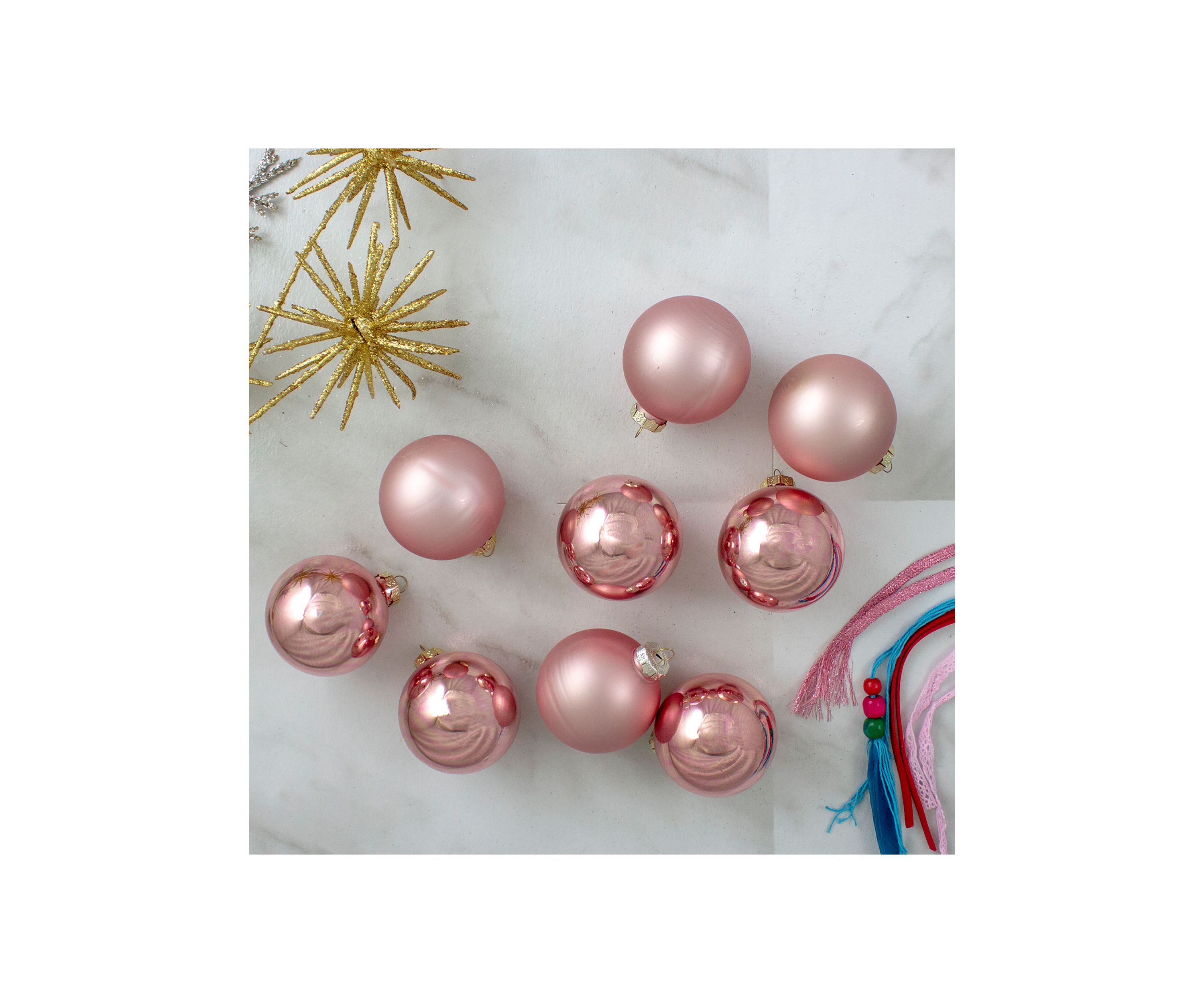 9 Count Shiny and Matte Pink and Gold Glass 2.5" Ball Christmas Ornaments  