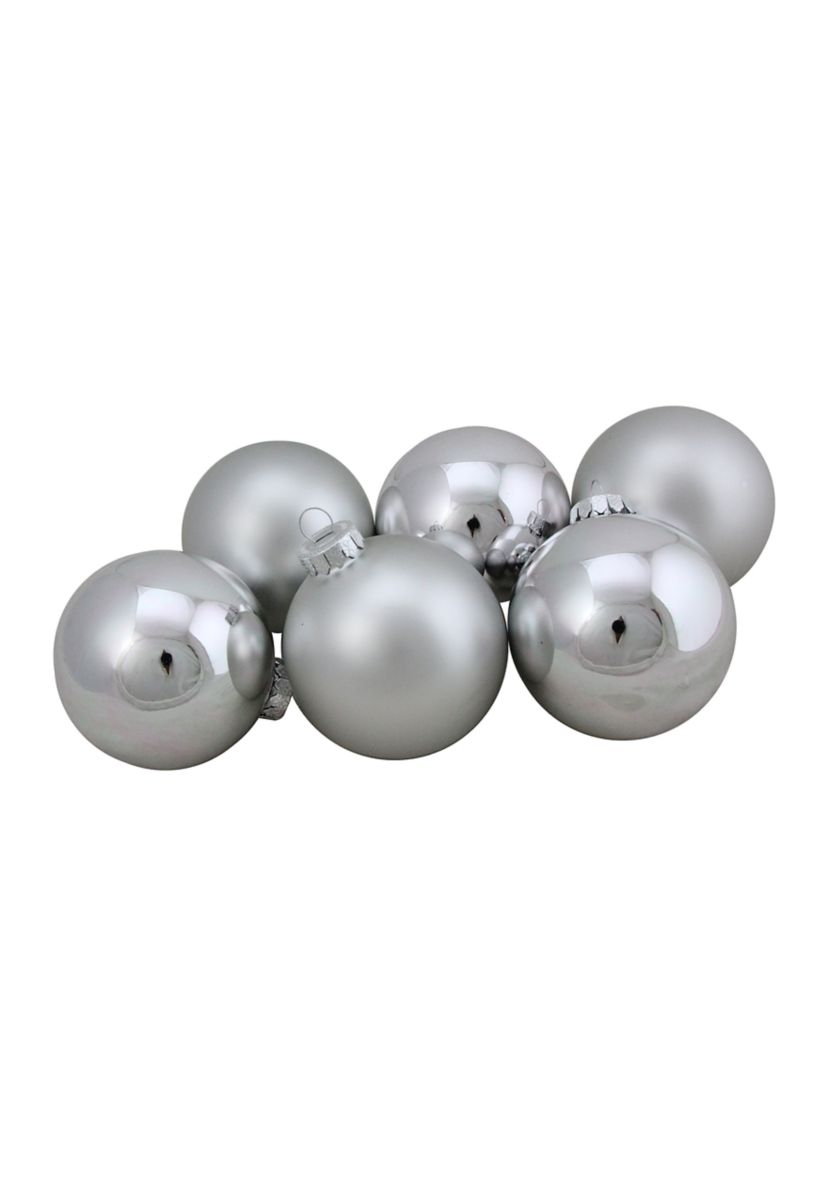 6ct Silver 2-Finish Christmas Glass Ball Ornaments 3.25Inch