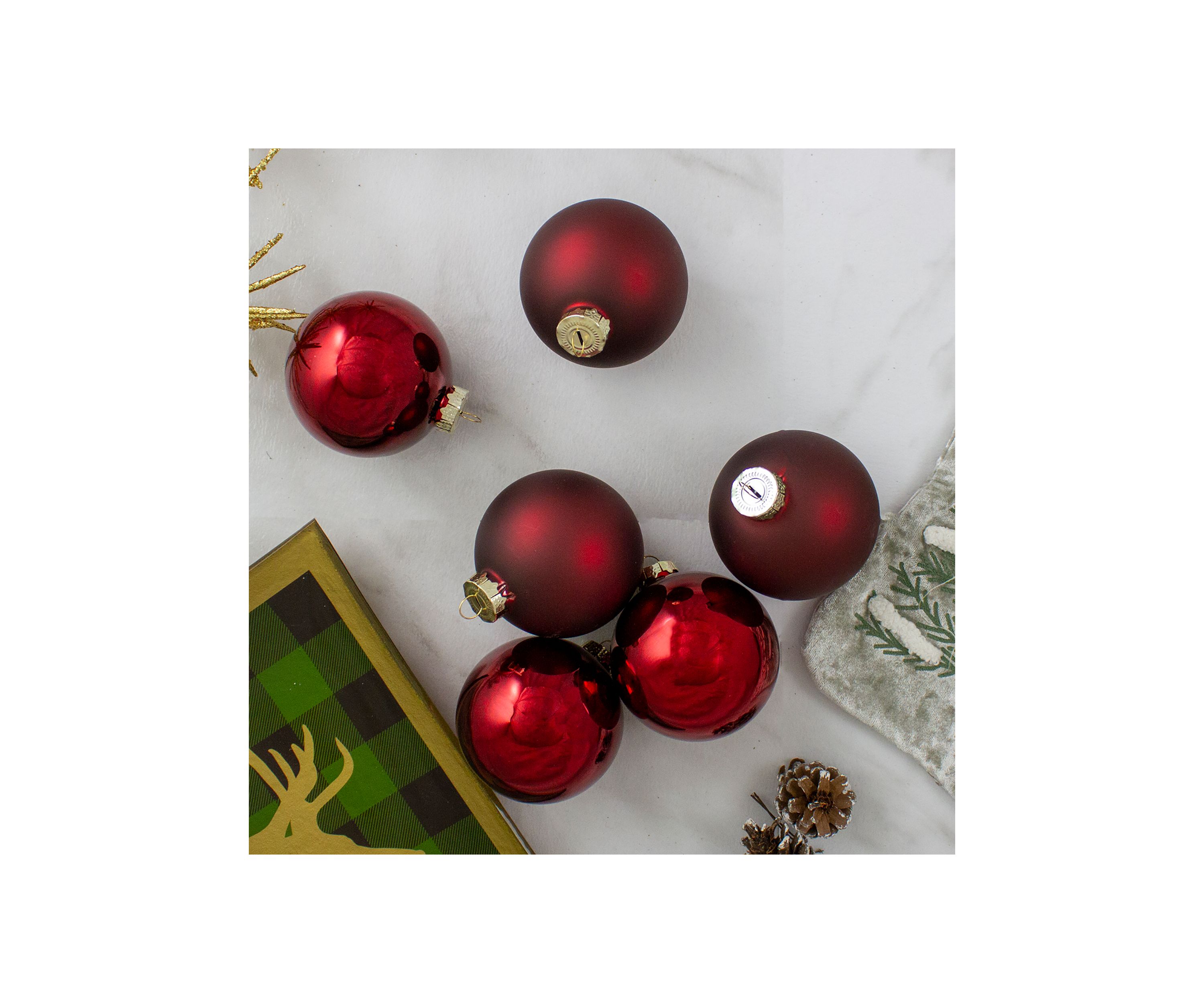 6ct Burgundy Red 2-Finish Glass Ball Christmas Ornaments - 3.25 Inch (80mm)