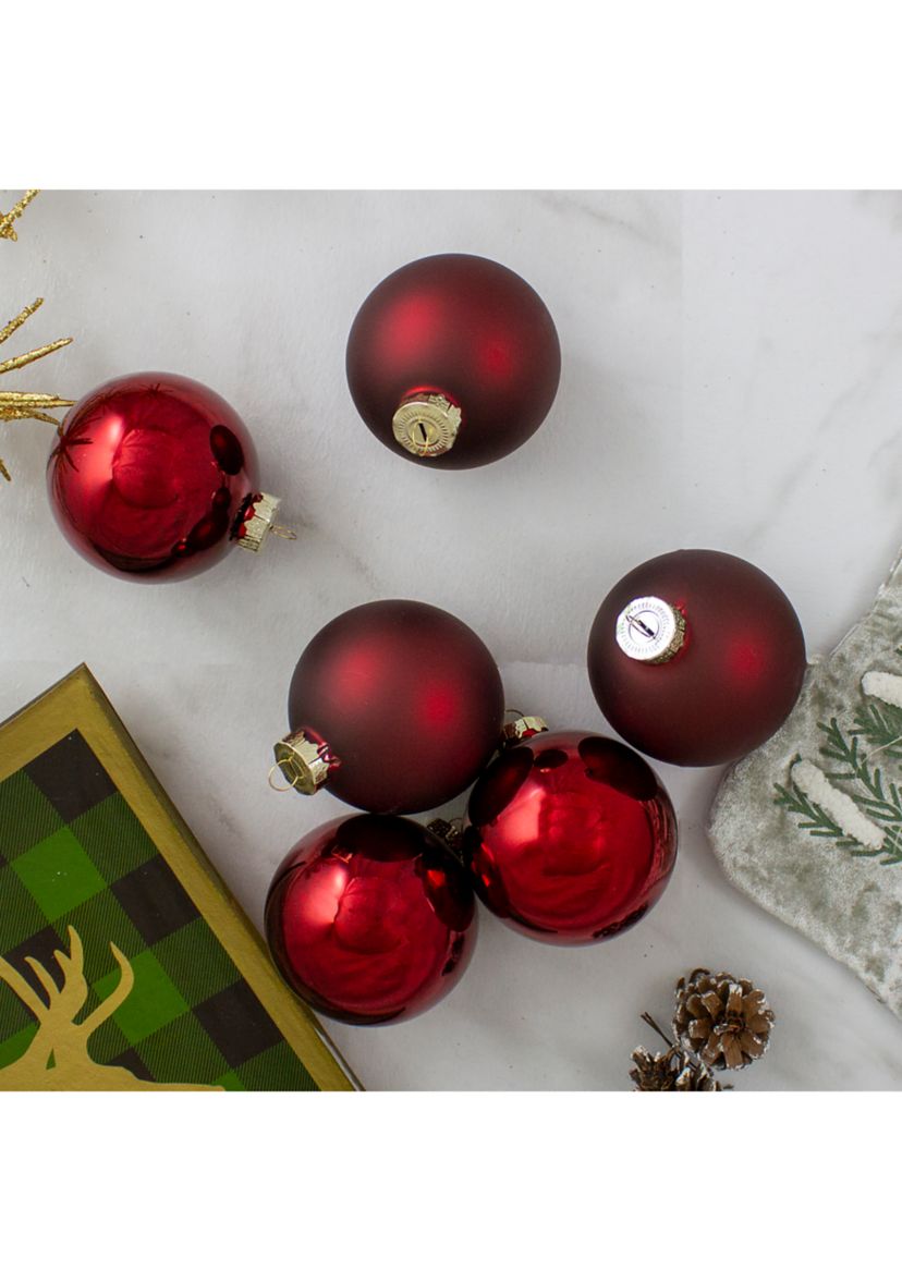6ct Burgundy Red 2-Finish Glass Ball Christmas Ornaments - 3.25 Inch (80mm)