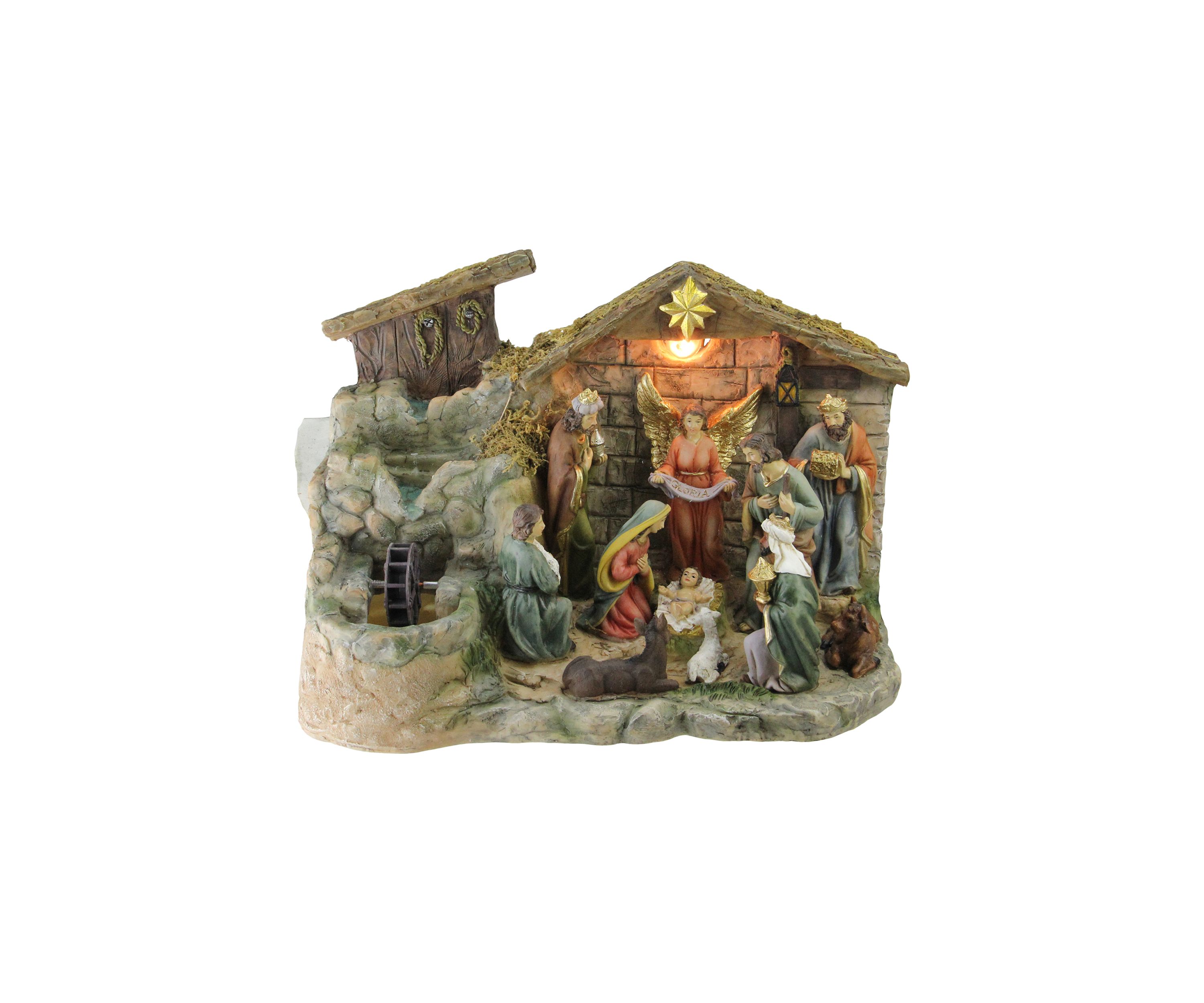 11-Piece Pre-Lit Brown Christmas Nativity Figurine Set with Water Fountain 11Inch - Warm White Light