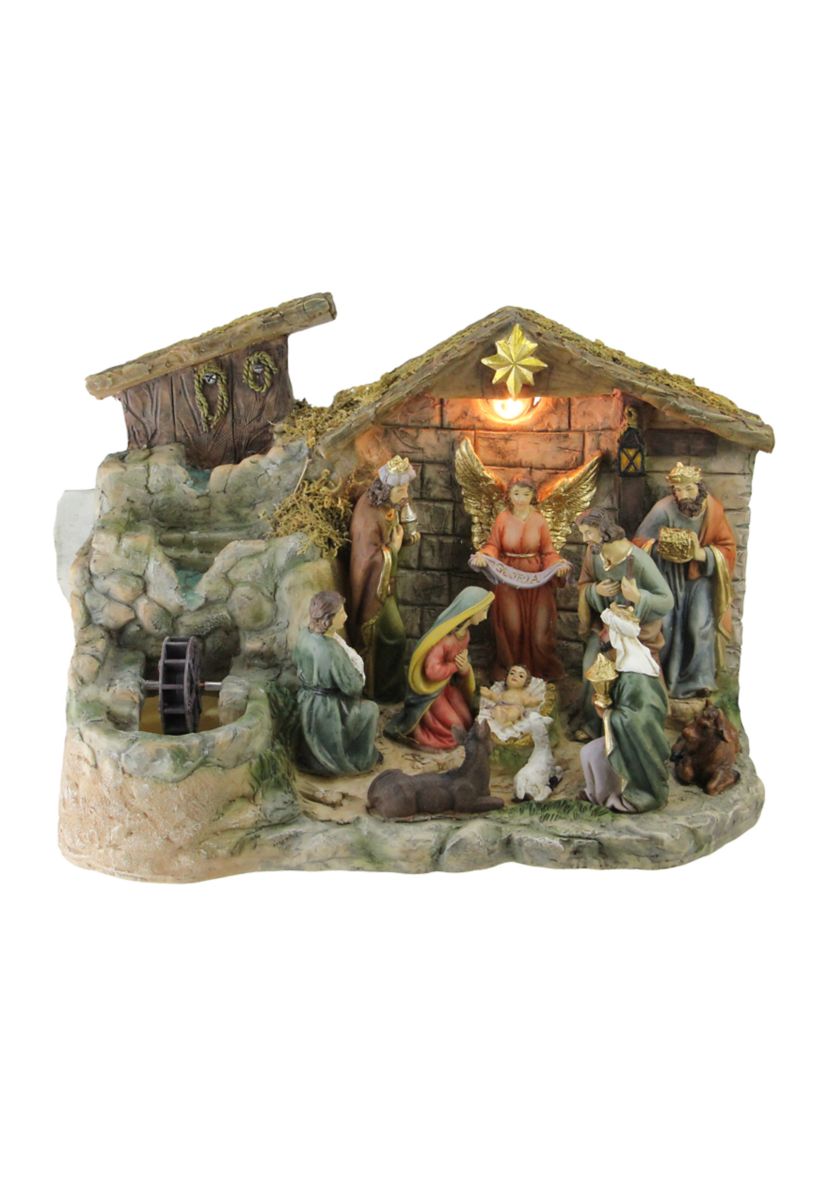 11-Piece Pre-Lit Brown Christmas Nativity Figurine Set with Water Fountain 11Inch - Warm White Light