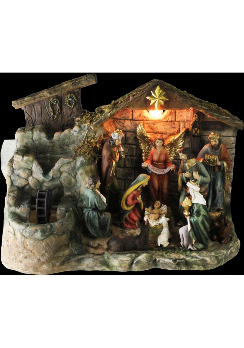 11-Piece Pre-Lit Brown Christmas Nativity Figurine Set with Water Fountain 11Inch - Warm White Light