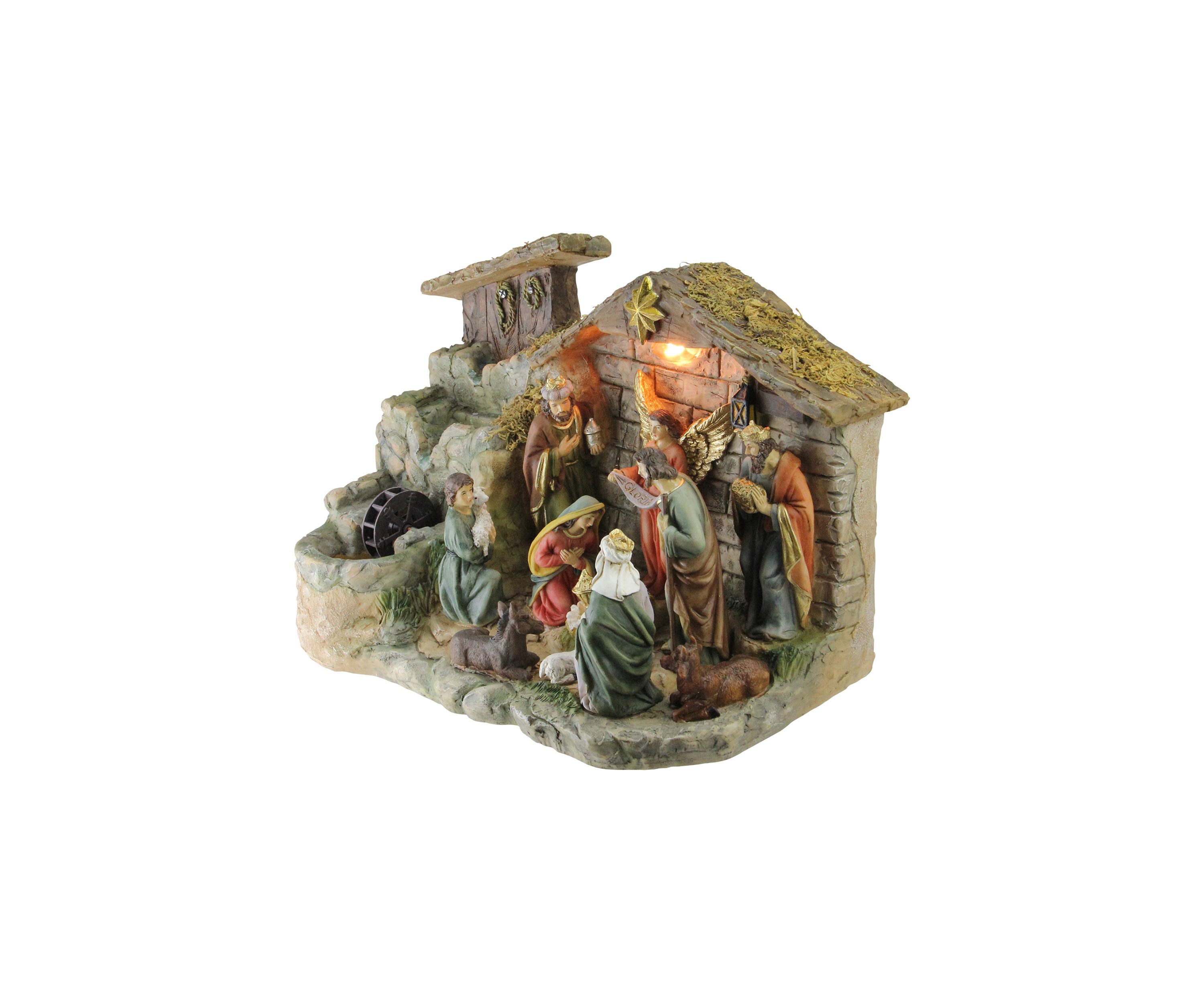 11-Piece Pre-Lit Brown Christmas Nativity Figurine Set with Water Fountain 11Inch - Warm White Light