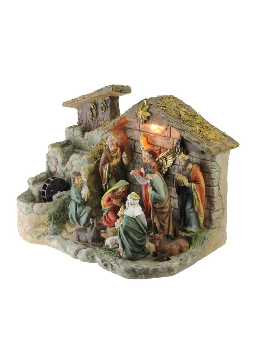 11-Piece Pre-Lit Brown Christmas Nativity Figurine Set with Water Fountain 11Inch - Warm White Light
