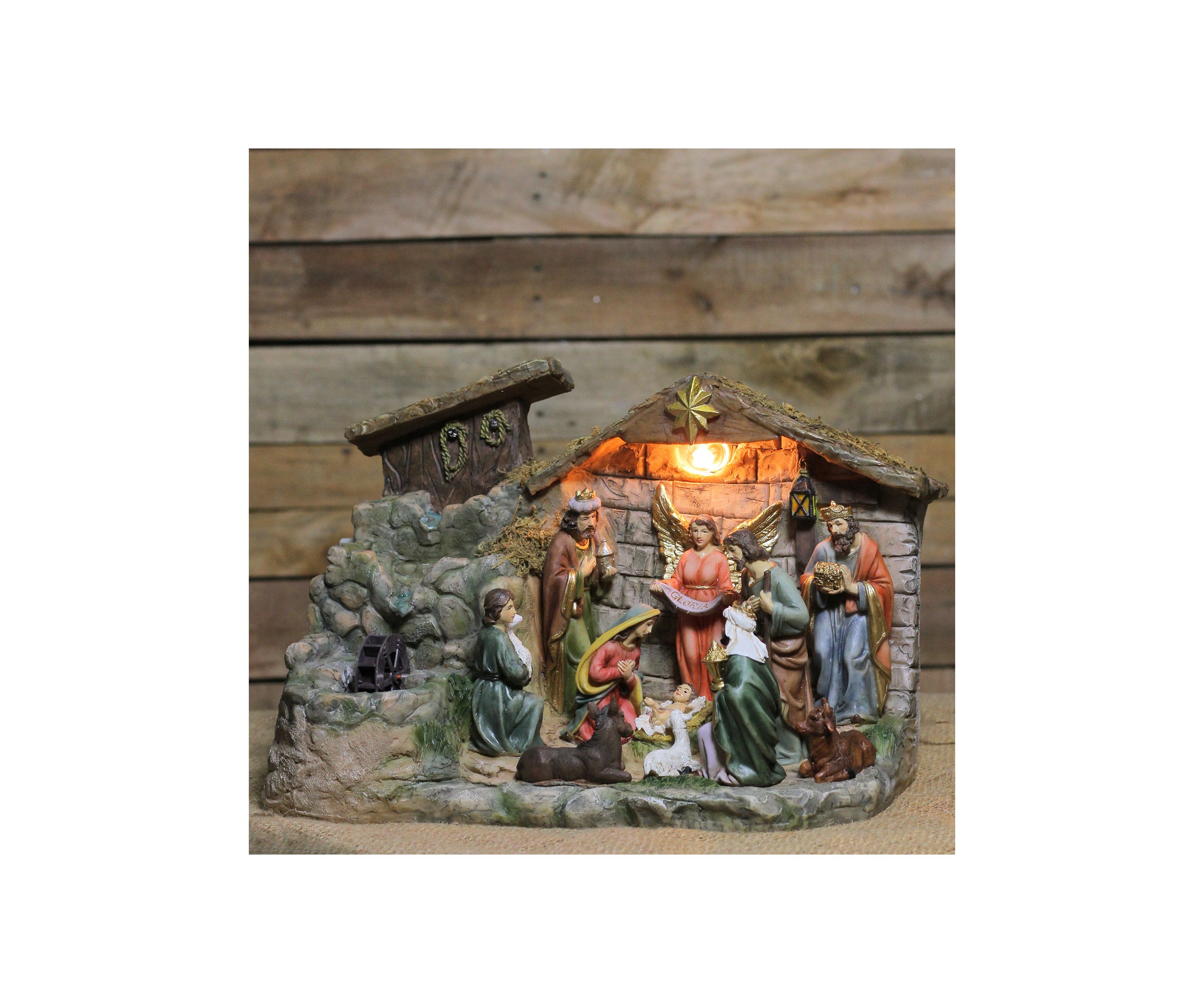 11-Piece Pre-Lit Brown Christmas Nativity Figurine Set with Water Fountain 11Inch - Warm White Light