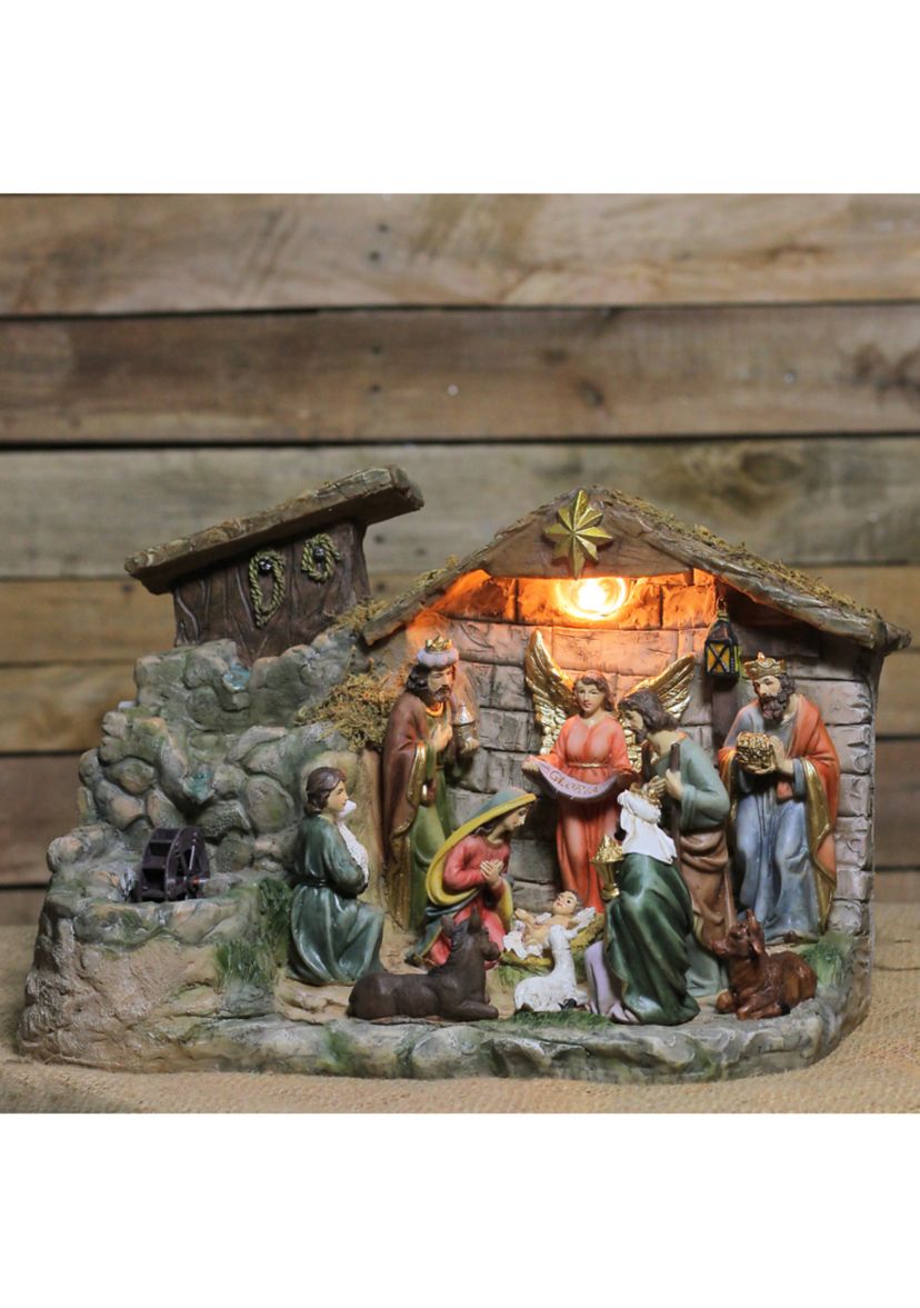 11-Piece Pre-Lit Brown Christmas Nativity Figurine Set with Water Fountain 11Inch - Warm White Light