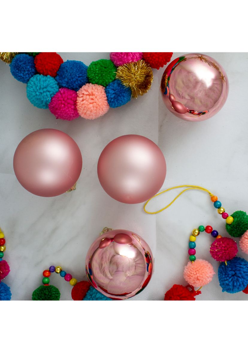 4ct Pink 2-Finish Glass Christmas Ball Ornaments 4Inch (100mm)