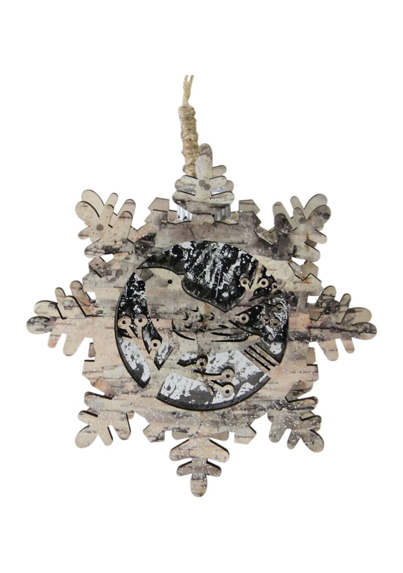 6Inch Brown and Gray Pre-Lit Snowflake with Bird Christmas Ornament