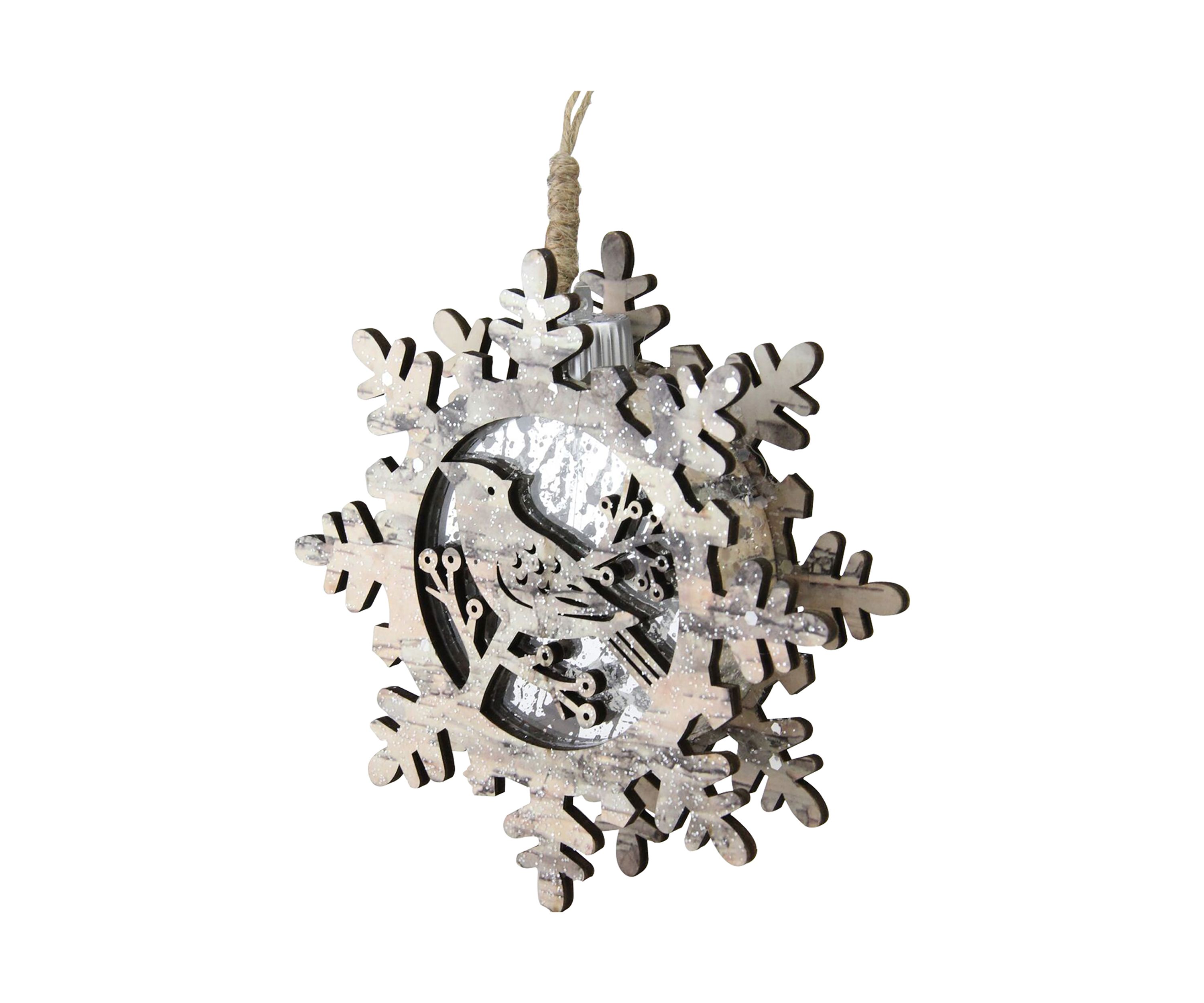 6Inch Brown and Gray Pre-Lit Snowflake with Bird Christmas Ornament