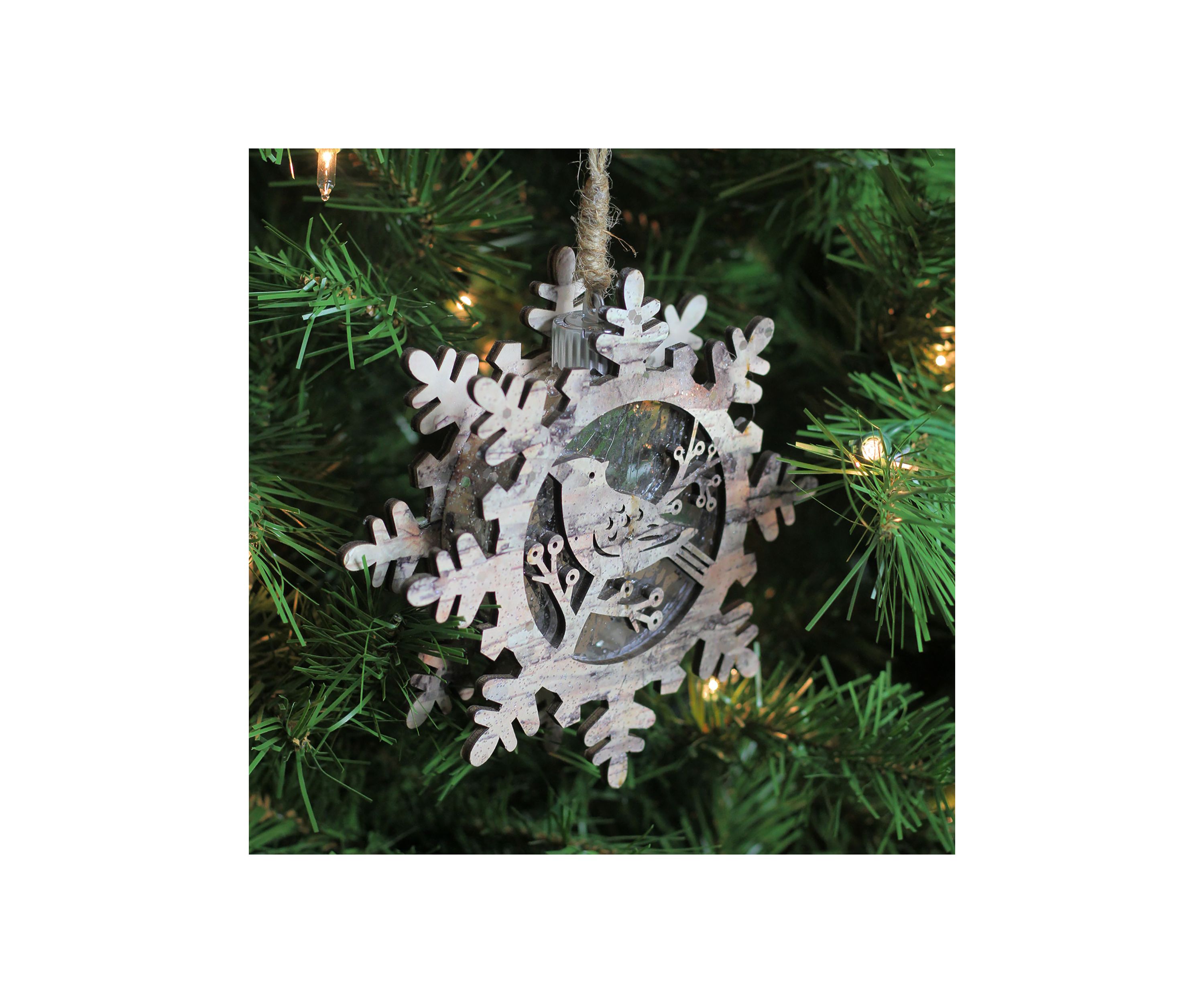 6Inch Brown and Gray Pre-Lit Snowflake with Bird Christmas Ornament