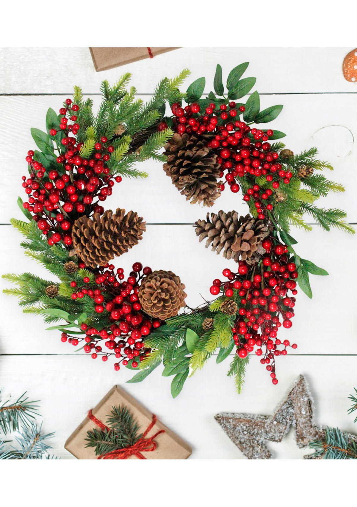 Pine Cone and Berry Artificial Christmas Wreath  22-Inch  Unlit