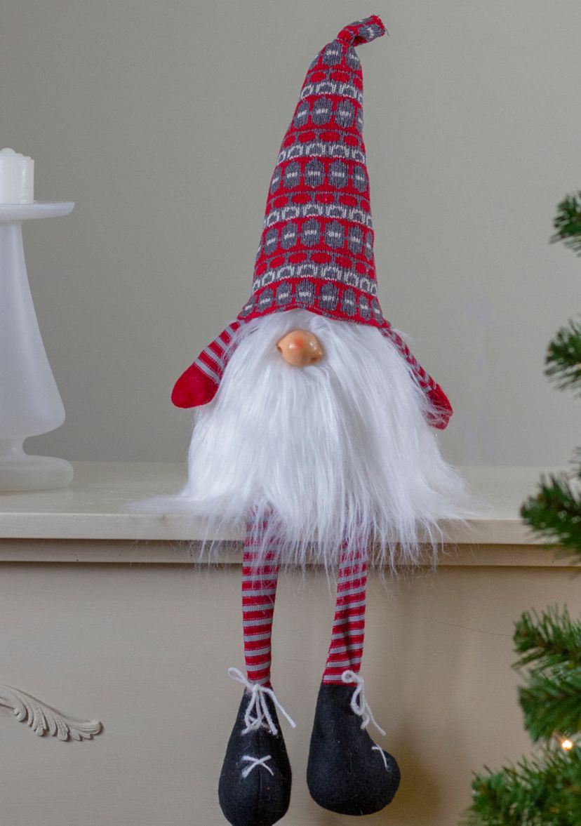 23Inch Red and Gray Striped Christmas Santa Gnome with Dangling Legs