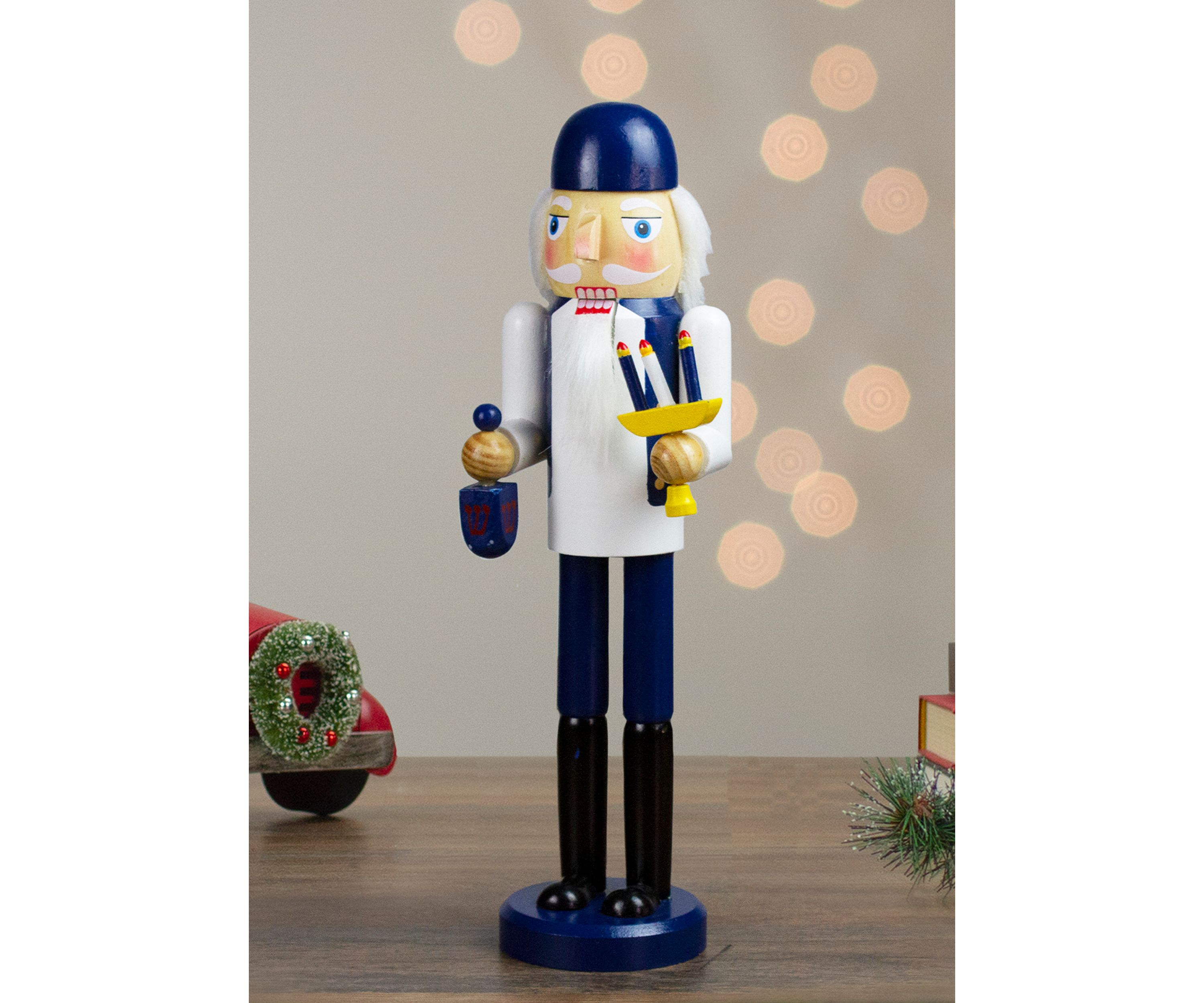 14Inch Wooden Hanukkah Nutcracker with Menorah and Dreidel