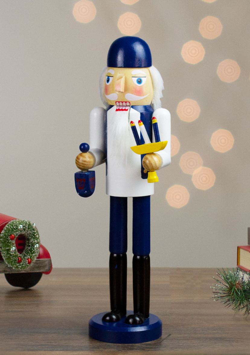 14Inch Wooden Hanukkah Nutcracker with Menorah and Dreidel