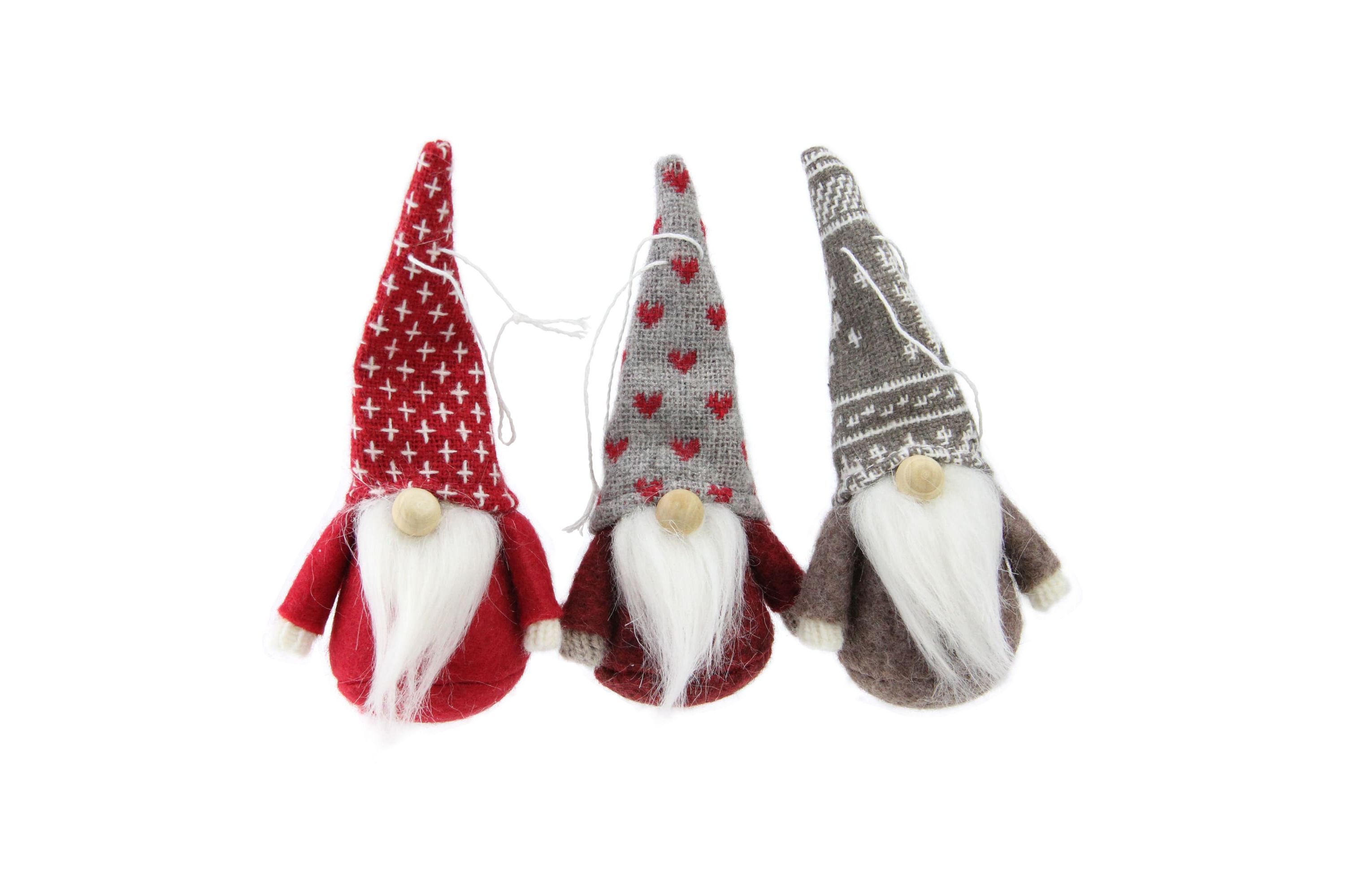 Set of 3 Red and Brown Santa Gnome Christmas Ornaments 4.5"