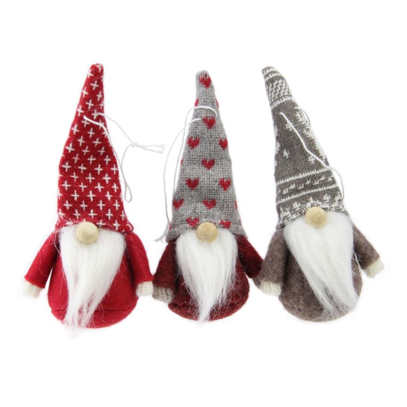 Set of 3 Red and Brown Santa Gnome Christmas Ornaments 4.5"