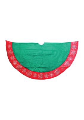 48" Green Christmas Tree Skirt with Red Gemstone Glitter Snowflake Trim